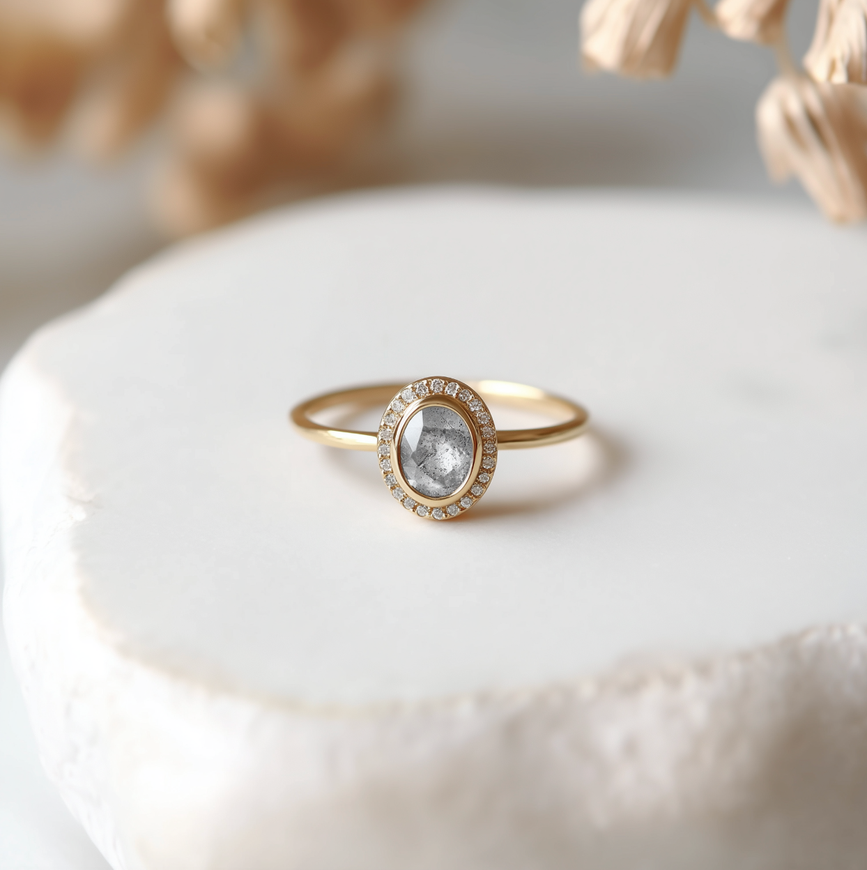 Halo Ring Salt and Pepper Diamond Ring, Stackable Diamond Engagement Ring