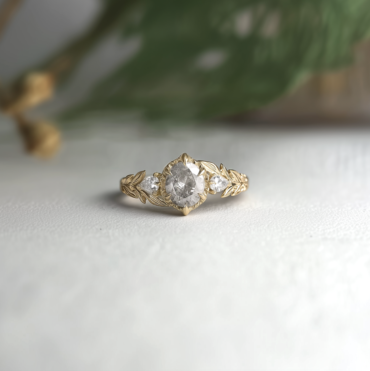 Natural Inspired Salt and Pepper Diamond Ring, Oval Diamond Engagement Ring