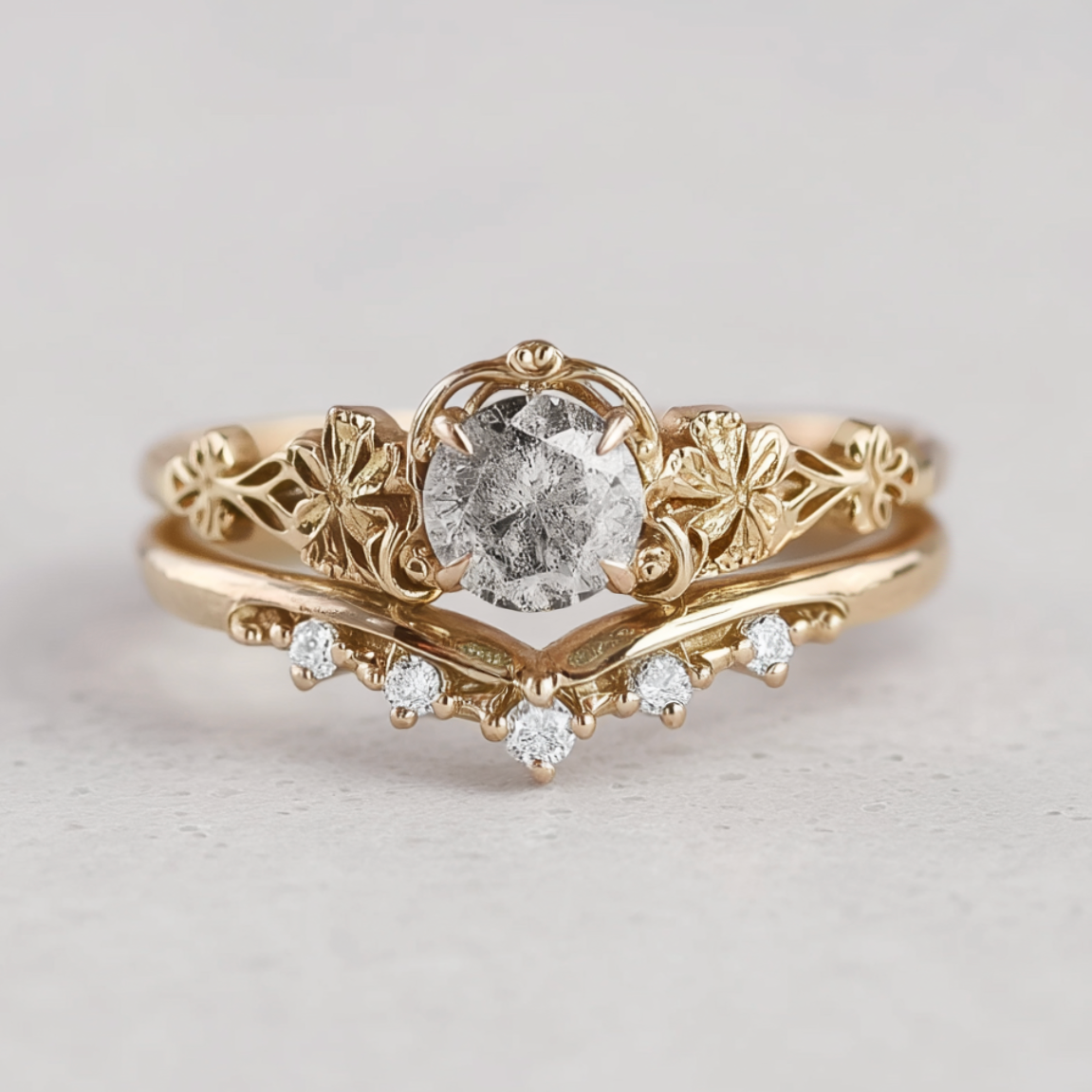 The Aurelia Set, Salt and Pepper Diamond Wedding Rings, Nature inspired Diamond Engagement Ring