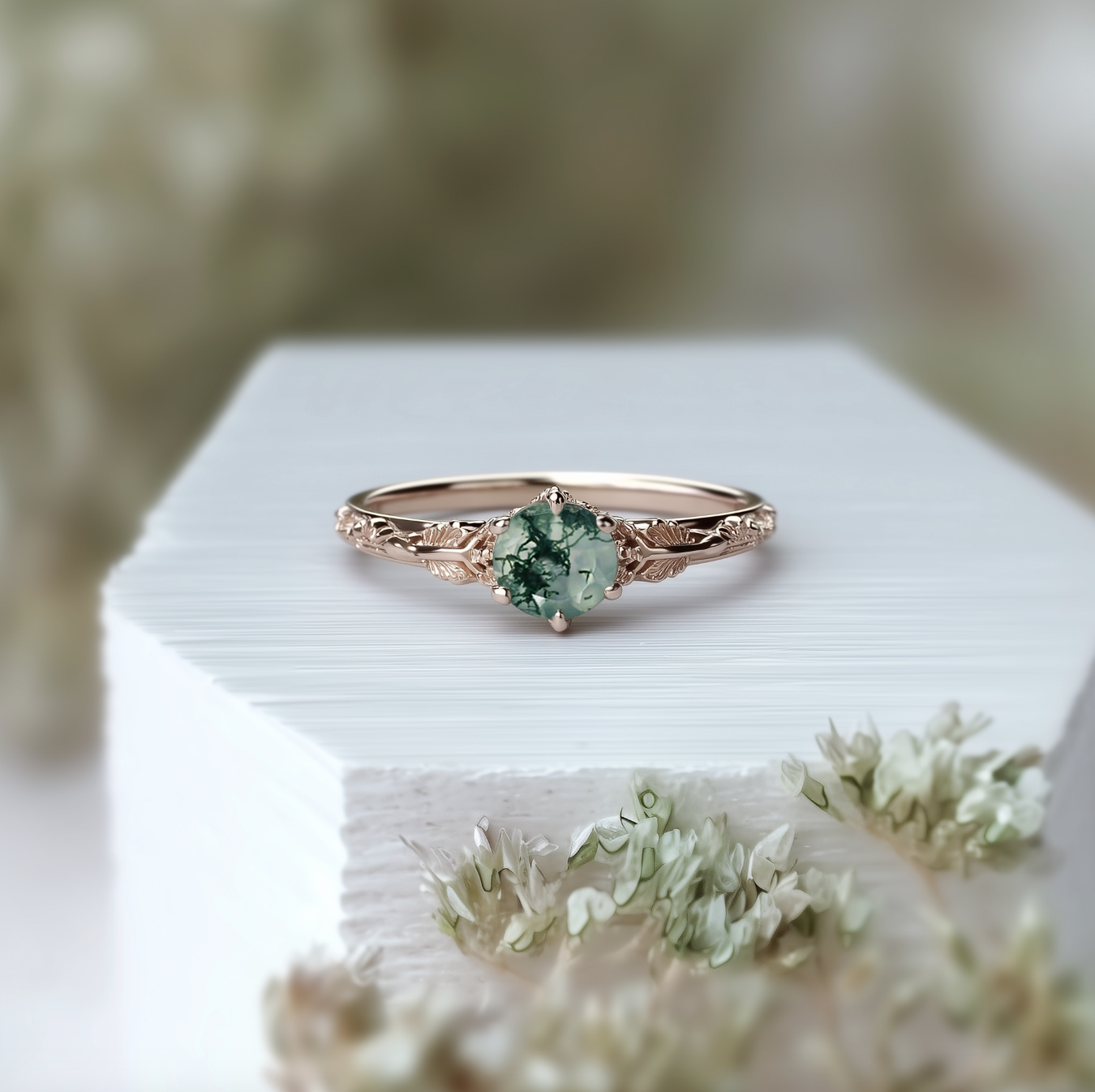 Elaren Ring 14k Round Moss agate Engagement ring, Moss agate Engraved Ring