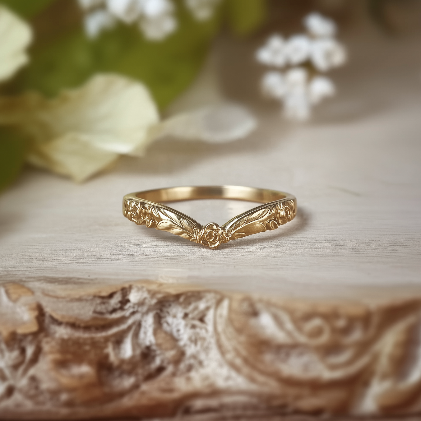 Whispering Glade 14k Gold Engraved Wedding Band For Men and Women, Floral Leaf Matching Wedding Ring