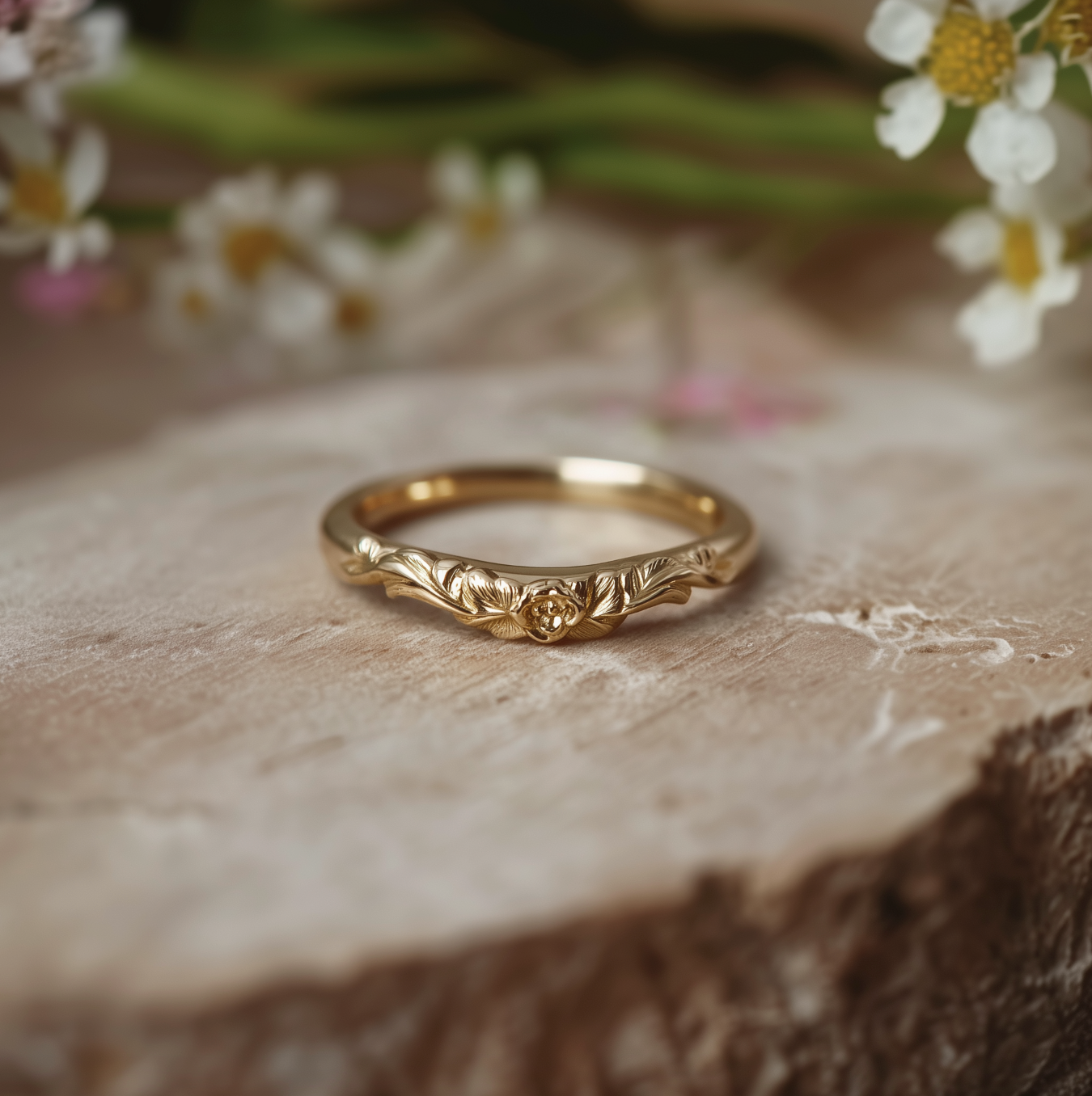 Enara’s Garden 14k Gold Engraved Wedding Band For Men and Women, Floral Leaf Matching Wedding Ring