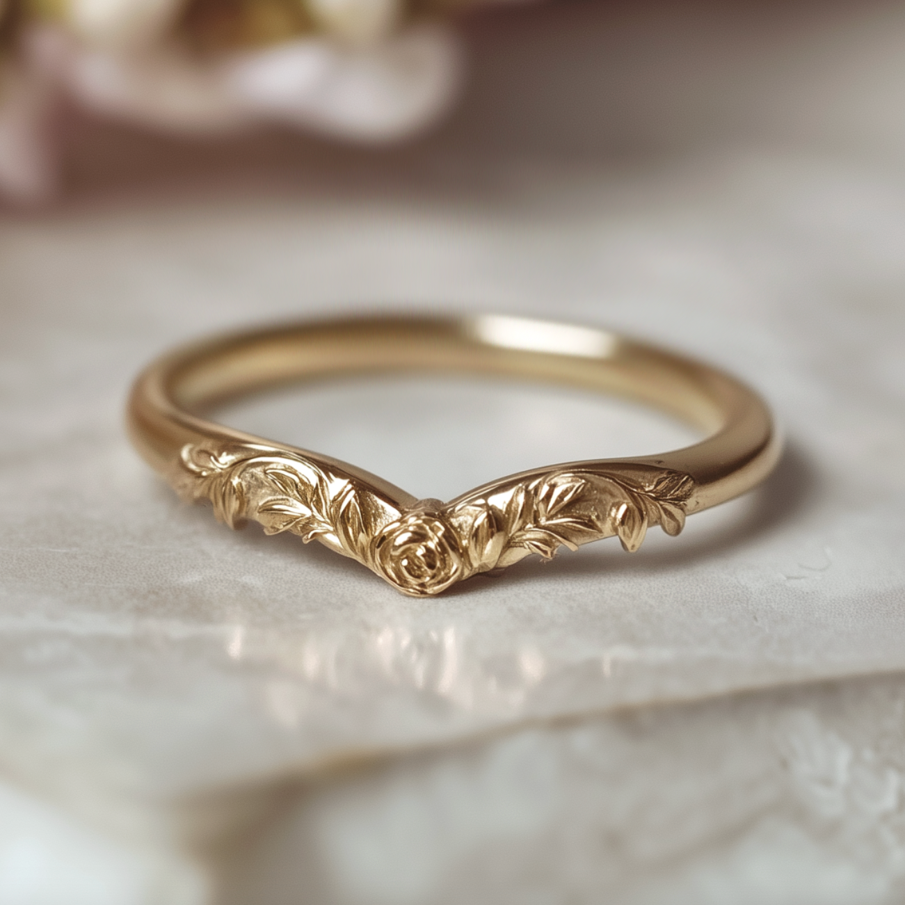 Night Rose 14k Gold Engraved Wedding Band, Slightly Curved Floral Leaf Matching Wedding Ring