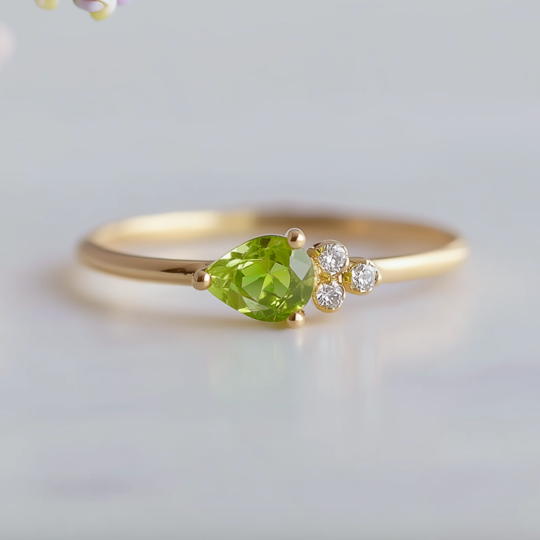 Pear cut Dainty Green Peridot ring, Solid 14k Gold Peridot Engagement ring