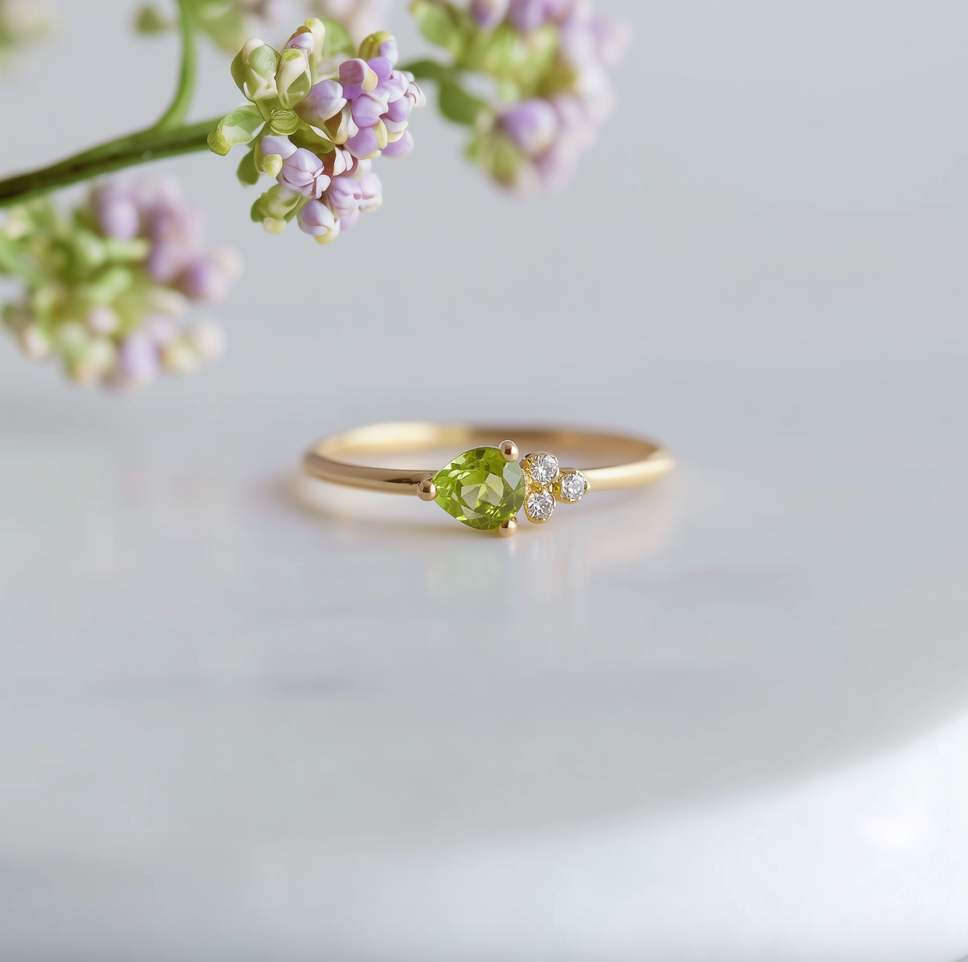 Pear cut Dainty Green Peridot ring, Solid 14k Gold Peridot Engagement ring