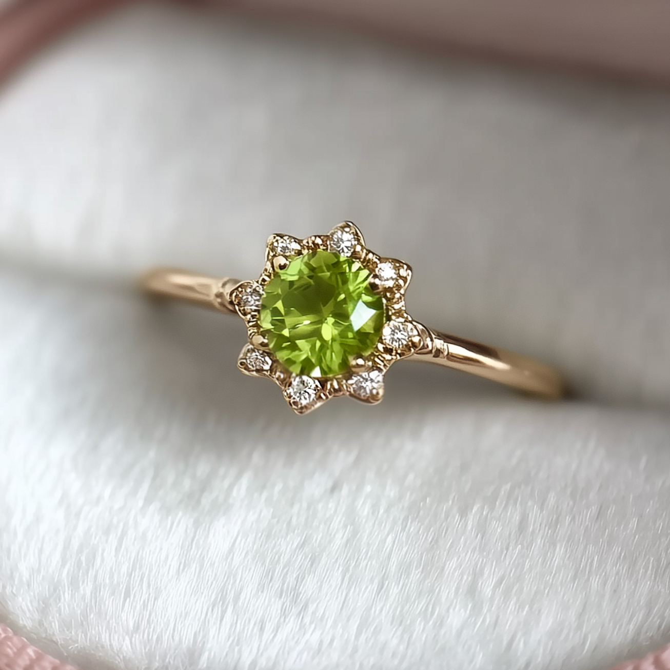 Lucky Star Green Peridot ring, Solid 14k Gold Peridot Engagement ring