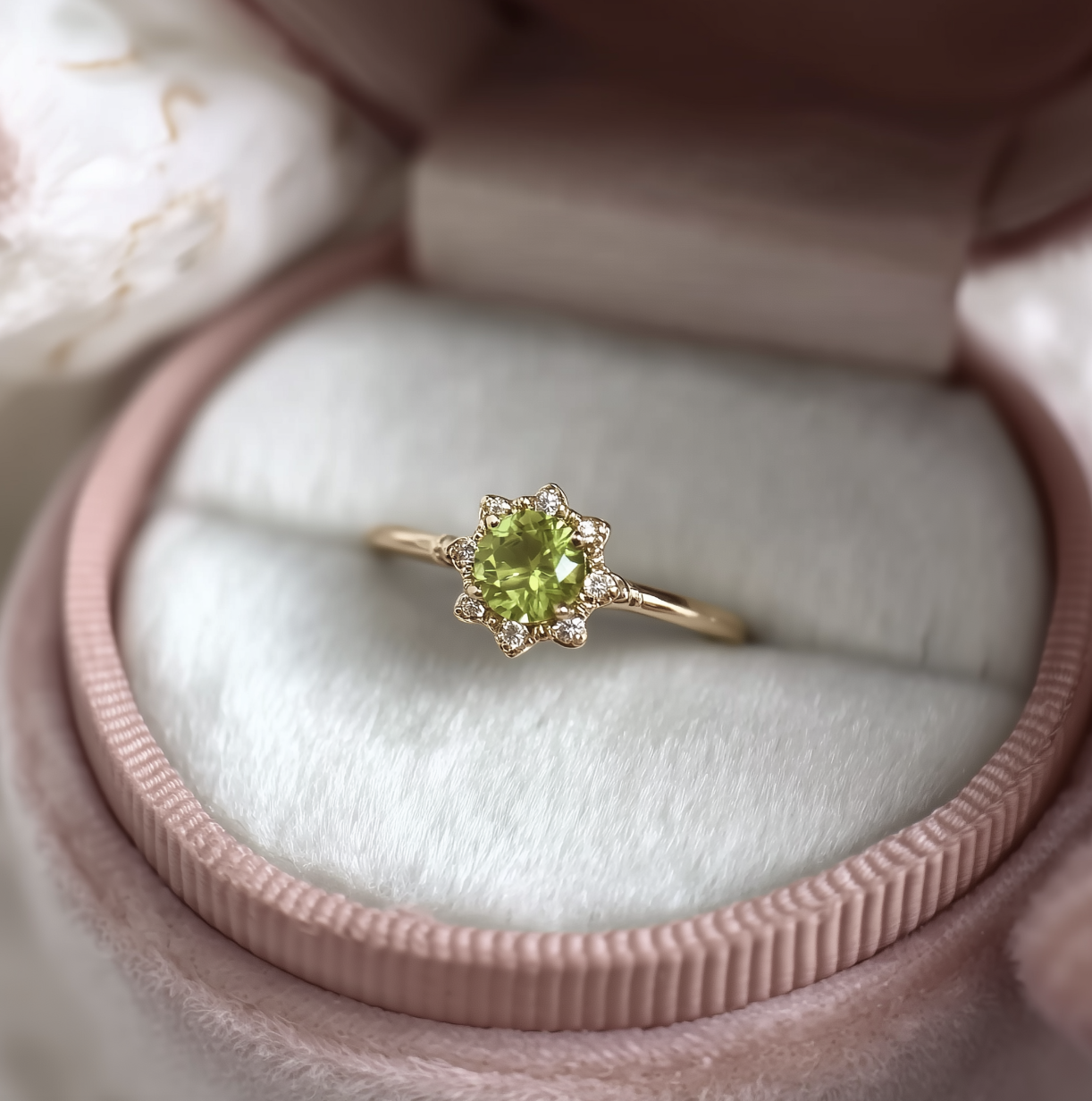 Lucky Star Green Peridot ring, Solid 14k Gold Peridot Engagement ring