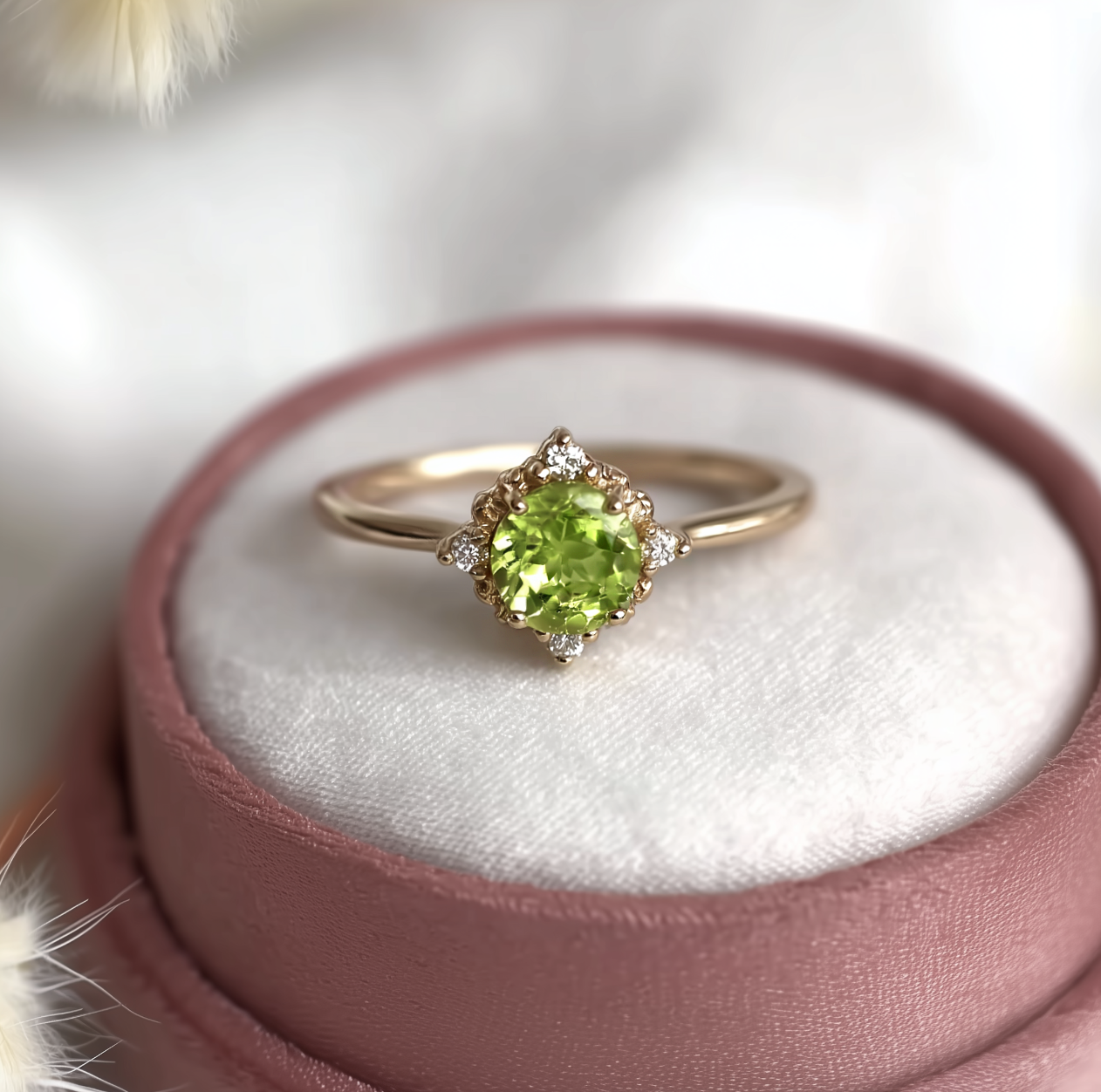 Ceres Green Peridot ring, Solid 14k Gold Peridot Engagement ring