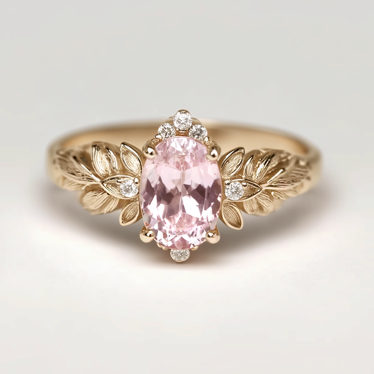 Gold ring with a pink gemstone and leaf designs on a light gray background