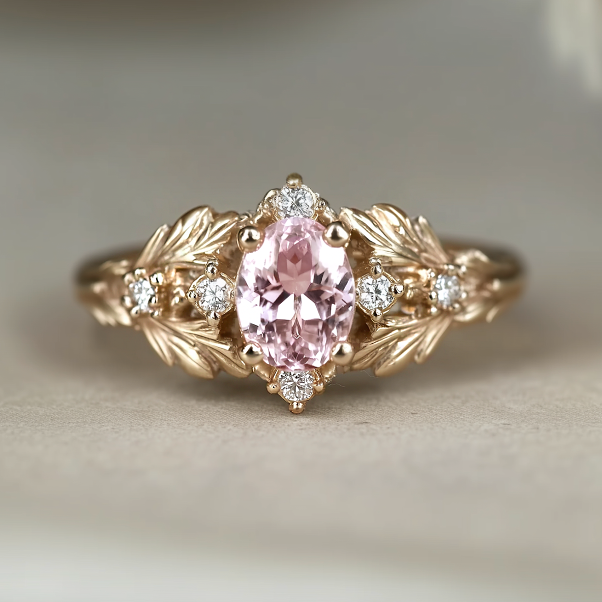 Yellow Gold Leafy Pink Morganite Ring, 14k Solid Gold Pink Gemstone Engagement Ring