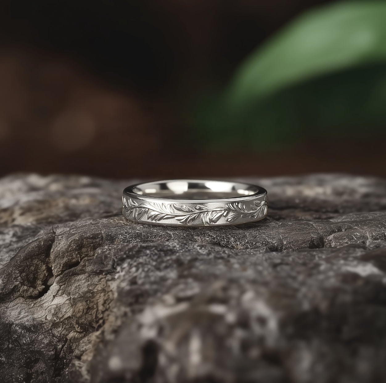Men's Engraved Wedding Band, Engraved Leaf Ring for Men and Women