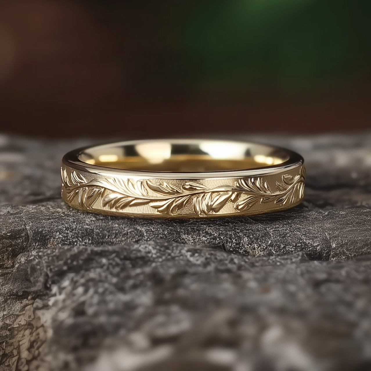 Men's Engraved Wedding Band, Engraved Leaf Ring for Men and Women