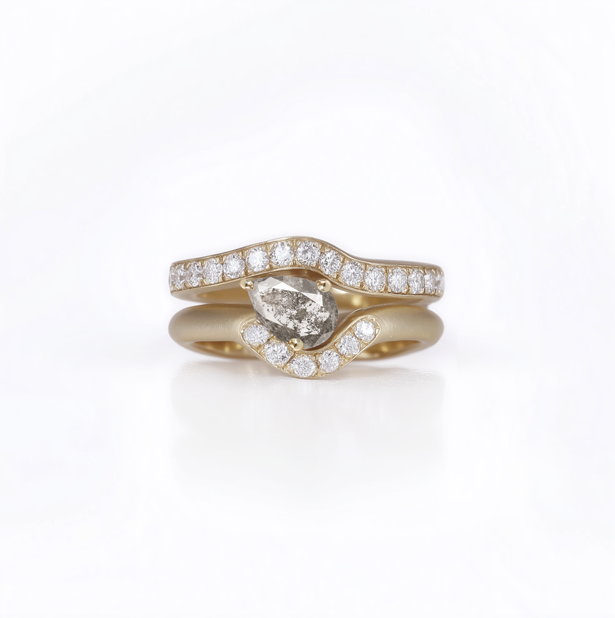 Ostara Salt and Pepper Diamond Wedding Ring set, Yellow Gold Diamond Engagement Ring