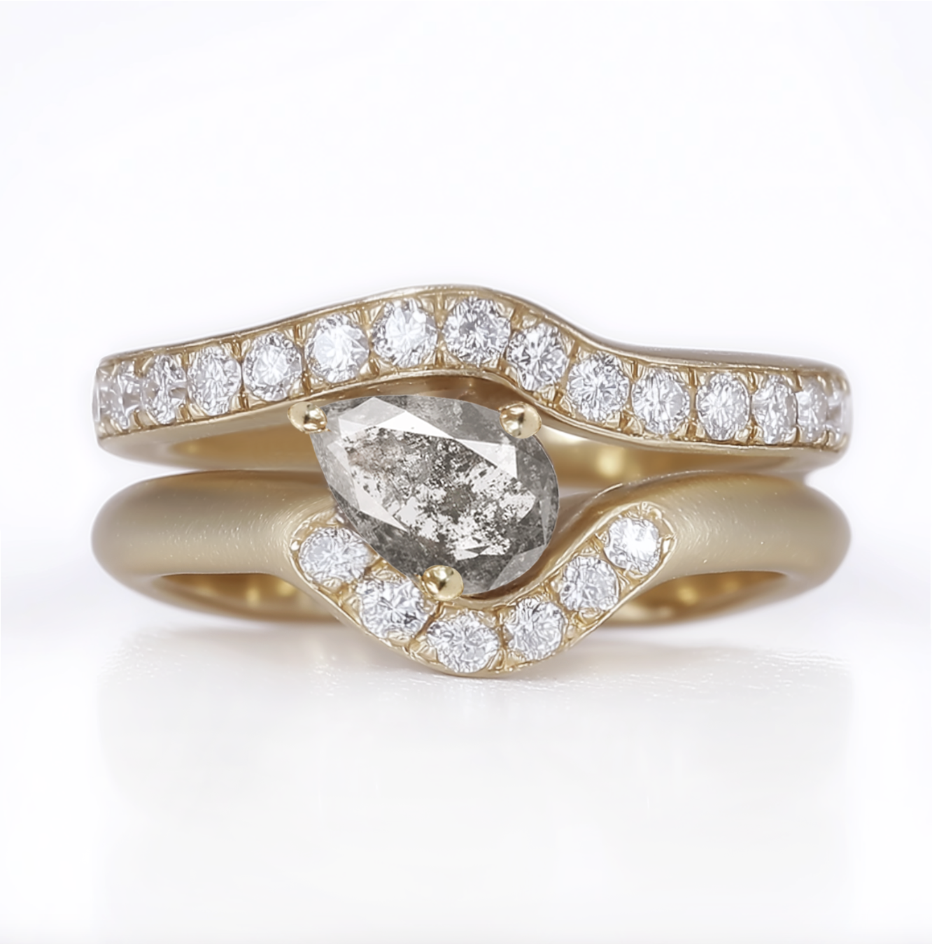 Ostara Salt and Pepper Diamond Wedding Ring set, Yellow Gold Diamond Engagement Ring