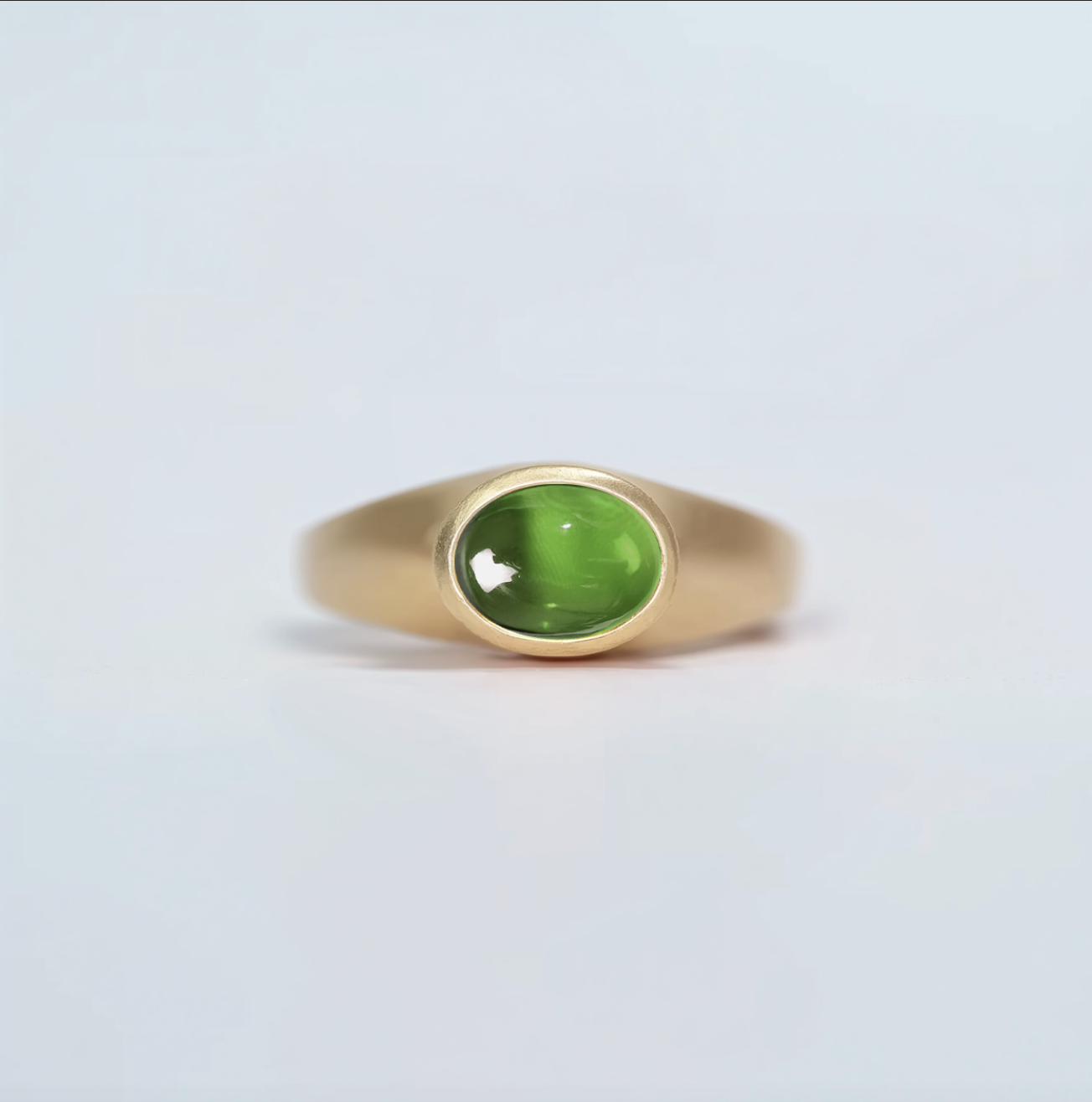 Oval Green Peridot ring, Solid Yellow Gold Peridot Signet ring
