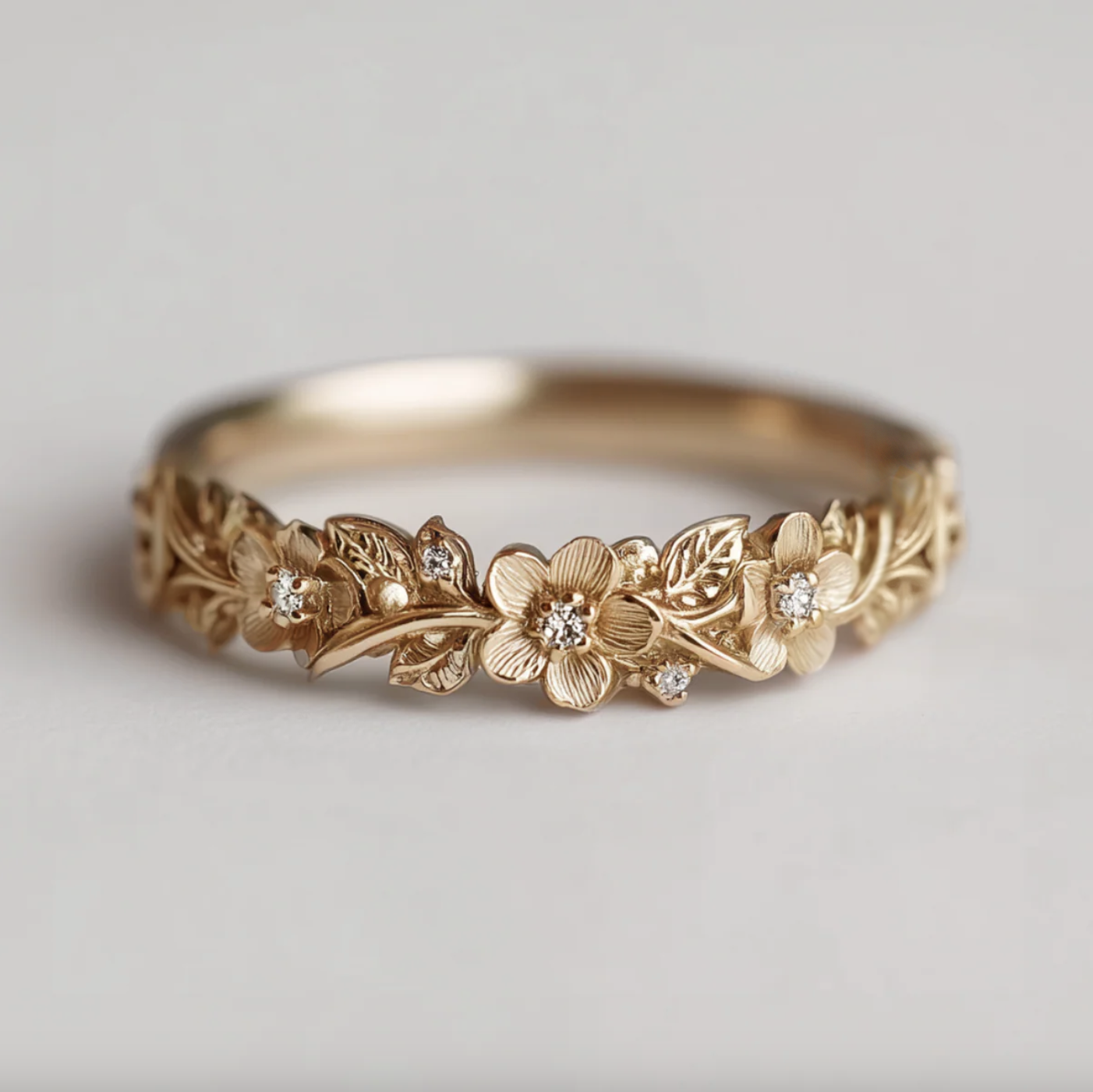 Yellow Gold Diamond Wedding Band, Floral Leafy Diamond Wedding Ring