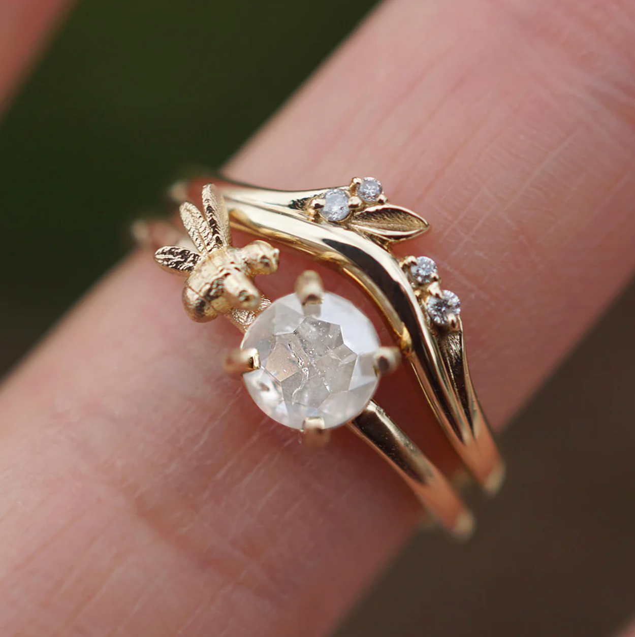 Little Bee Ring with Raw Diamond, Unique Raw Diamond Engagement Ring, Unique Gift