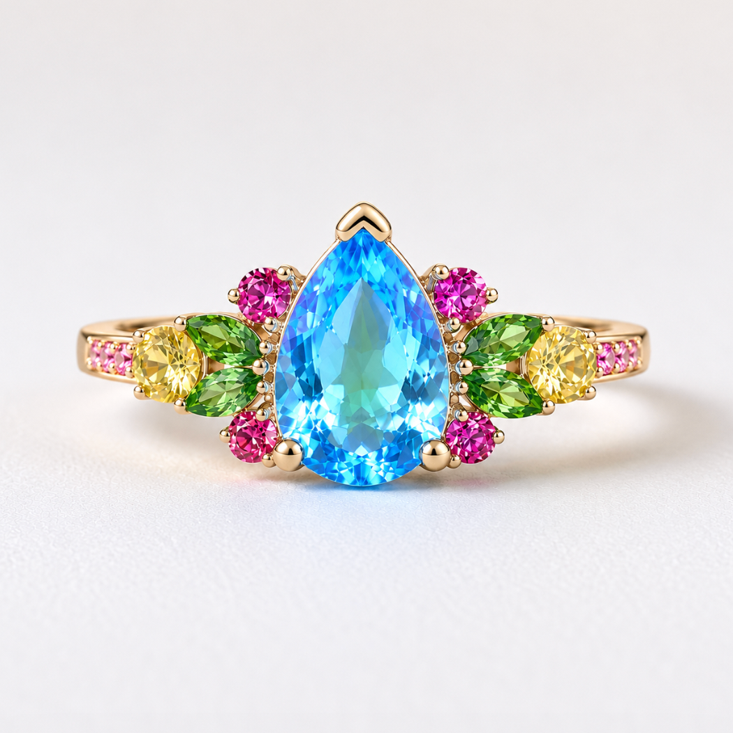 Pear cut Blue Topaz Engagement Ring, Topaz Engagement ring, Nature Inspired Leafy Engagement Ring
