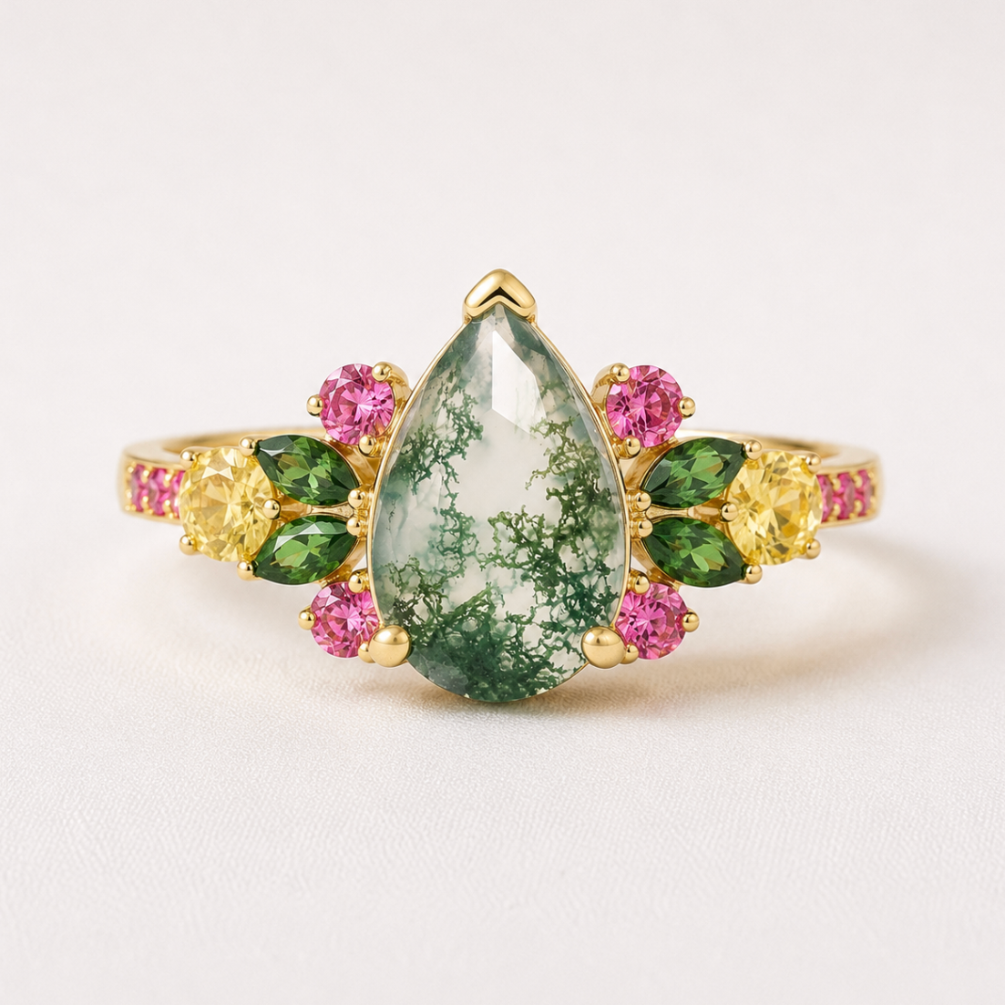 Moss Agate Ring, Pear cut Moss agate Engagement ring, Moss agate Garden Ring