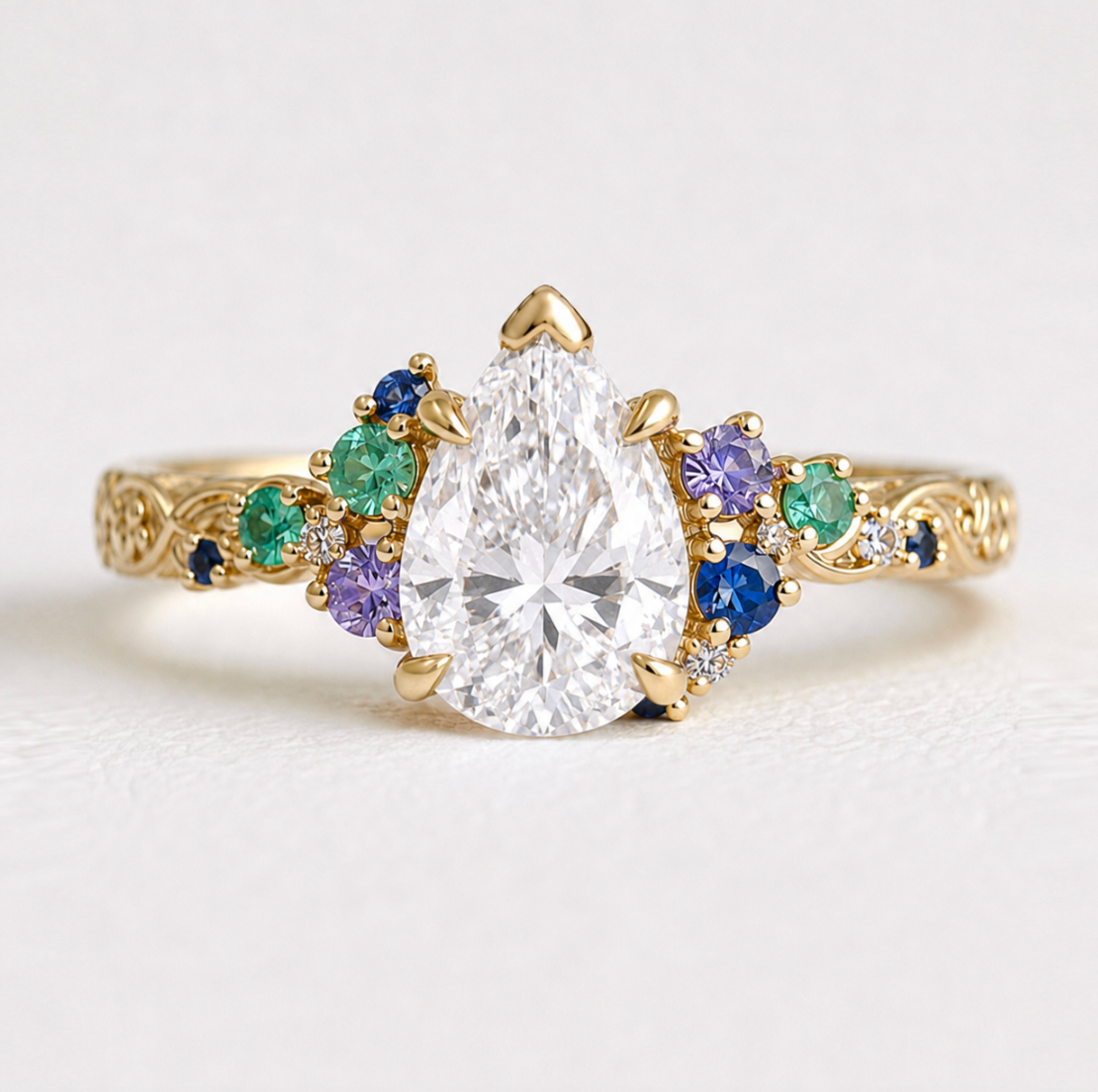 Pear Lab Diamond Engagement Ring, Birthstone Engagement Ring