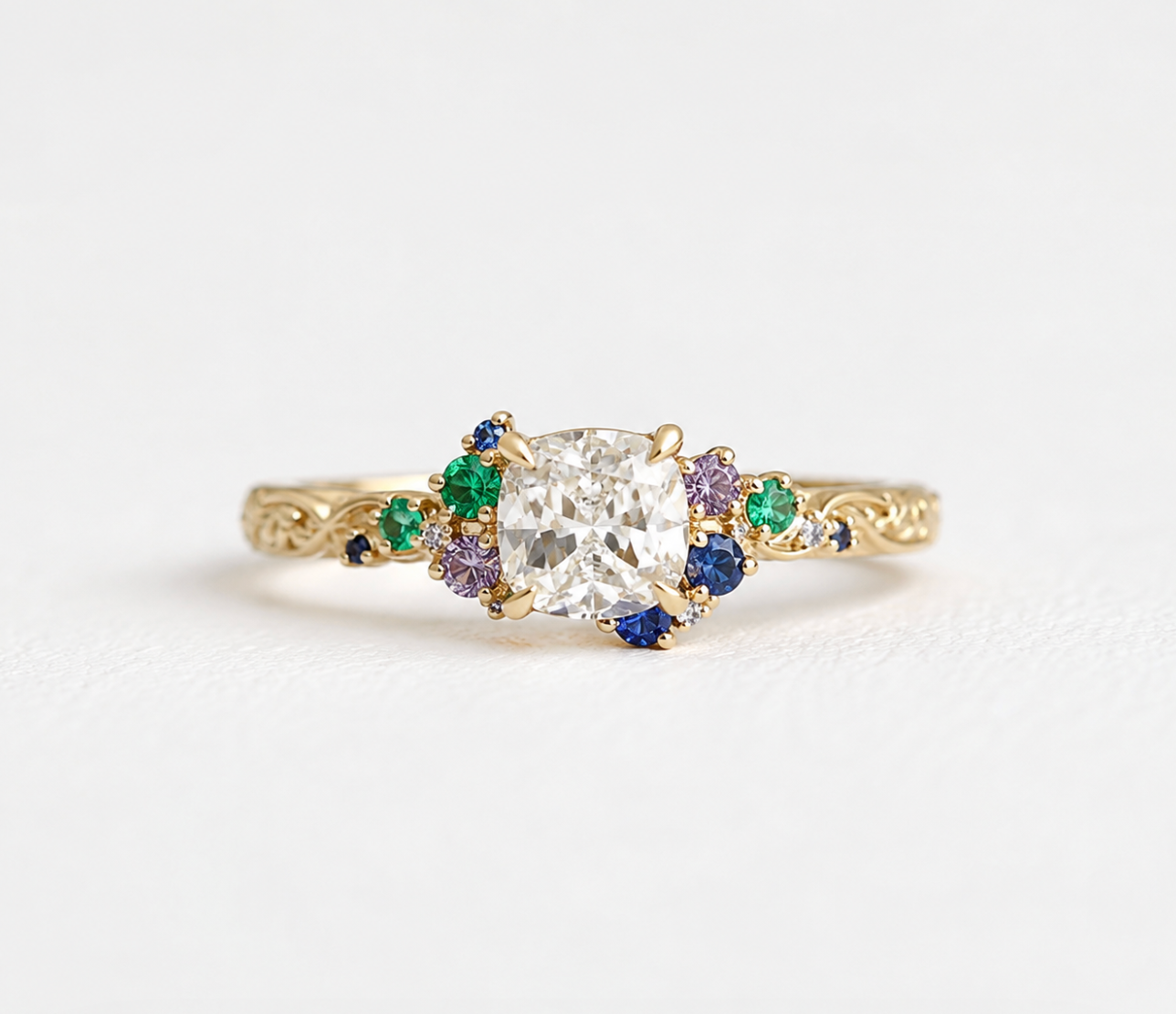Cushion Lab Diamond Engagement Ring, Accent Birthstone Engagement Ring