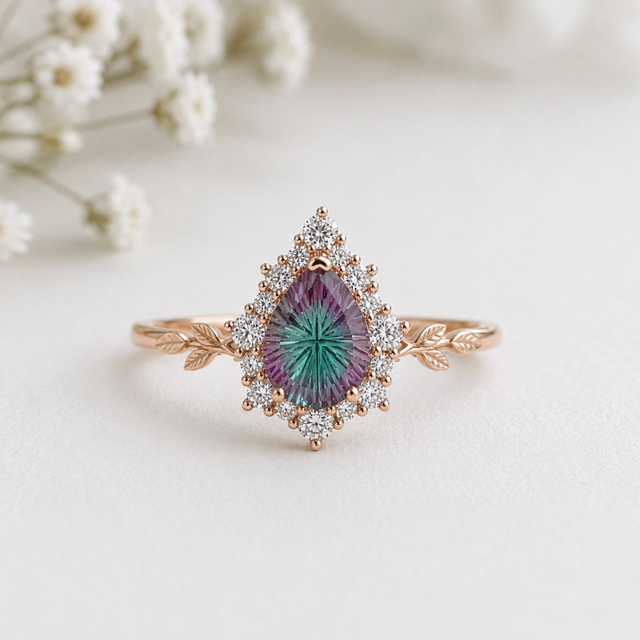 Pear Starbright Cut Alexandrite Engagement ring, Firework Alexandrite Ring