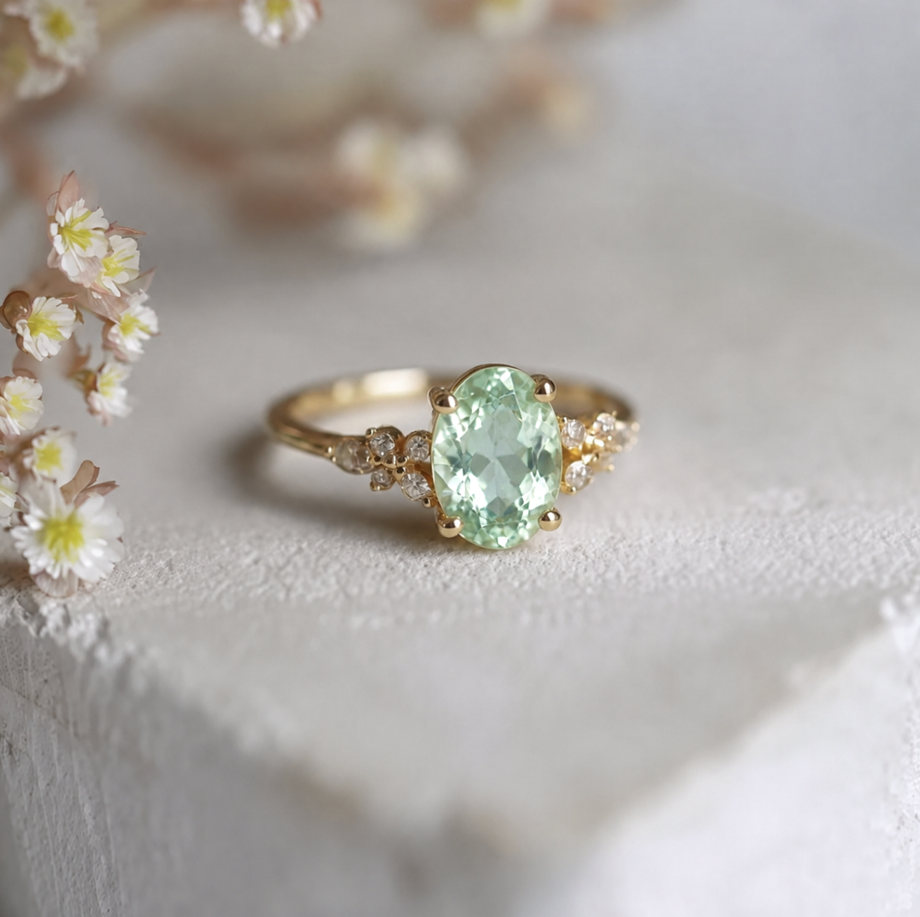Mint Pale Green Tourmaline ring, Solid 14k Gold Engagement ring