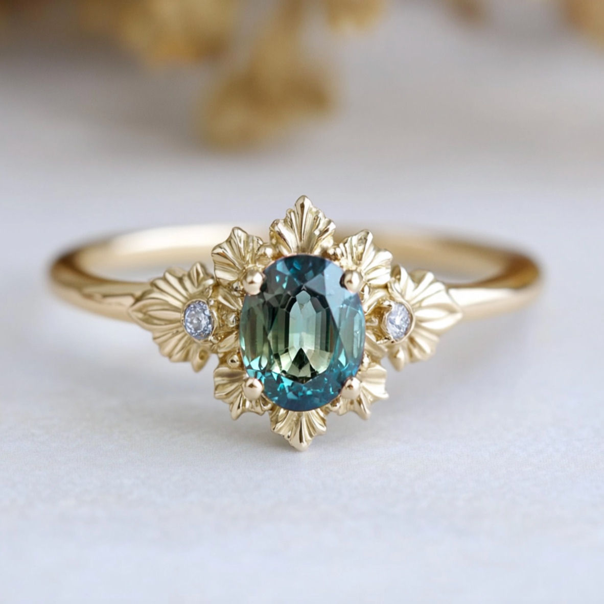Blue Fairy Sapphire ring, Rare Green Blue Sapphire Engagement ring
