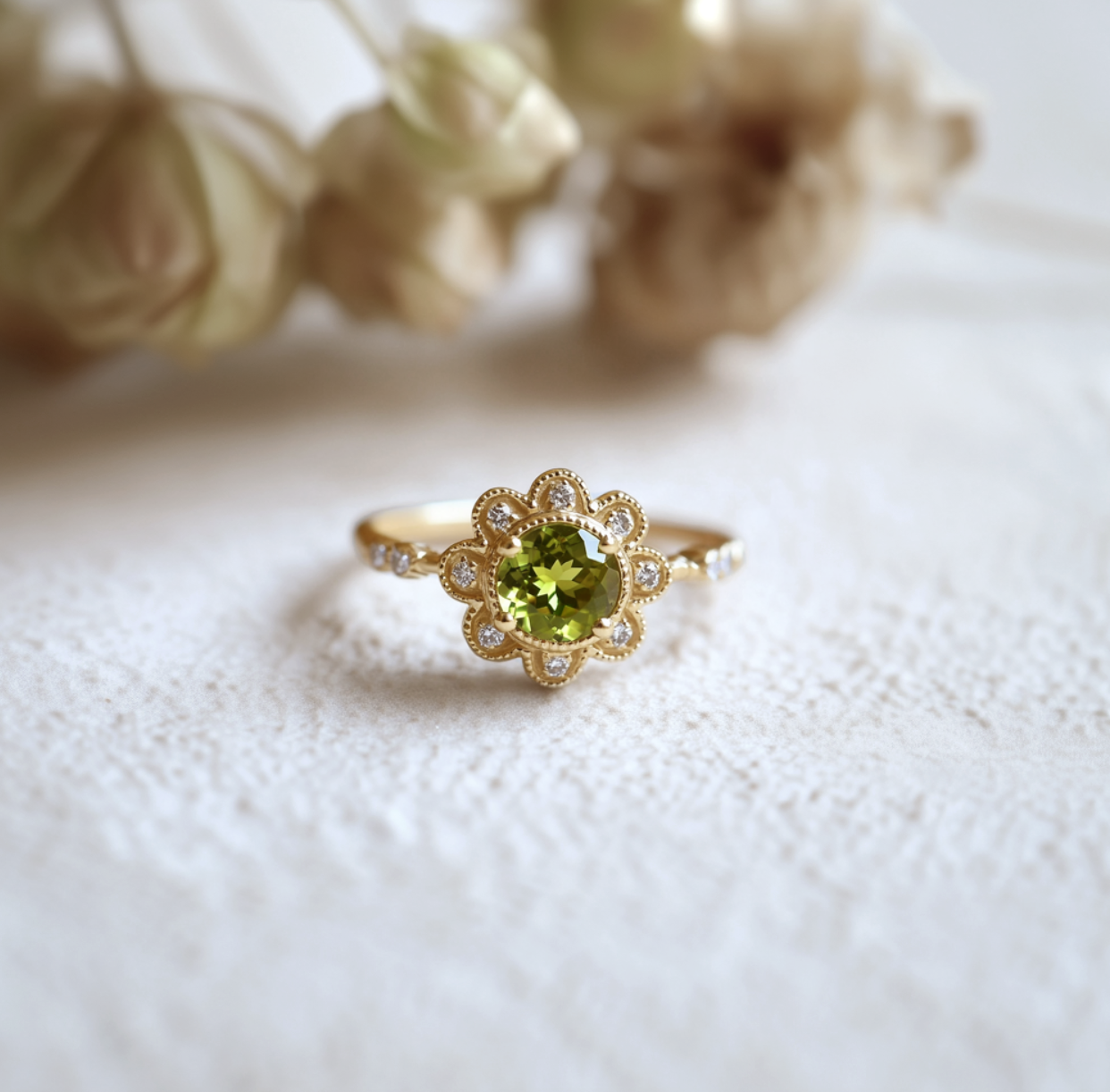 Evergreen Spark Green Peridot ring, Peridot Engagement ring