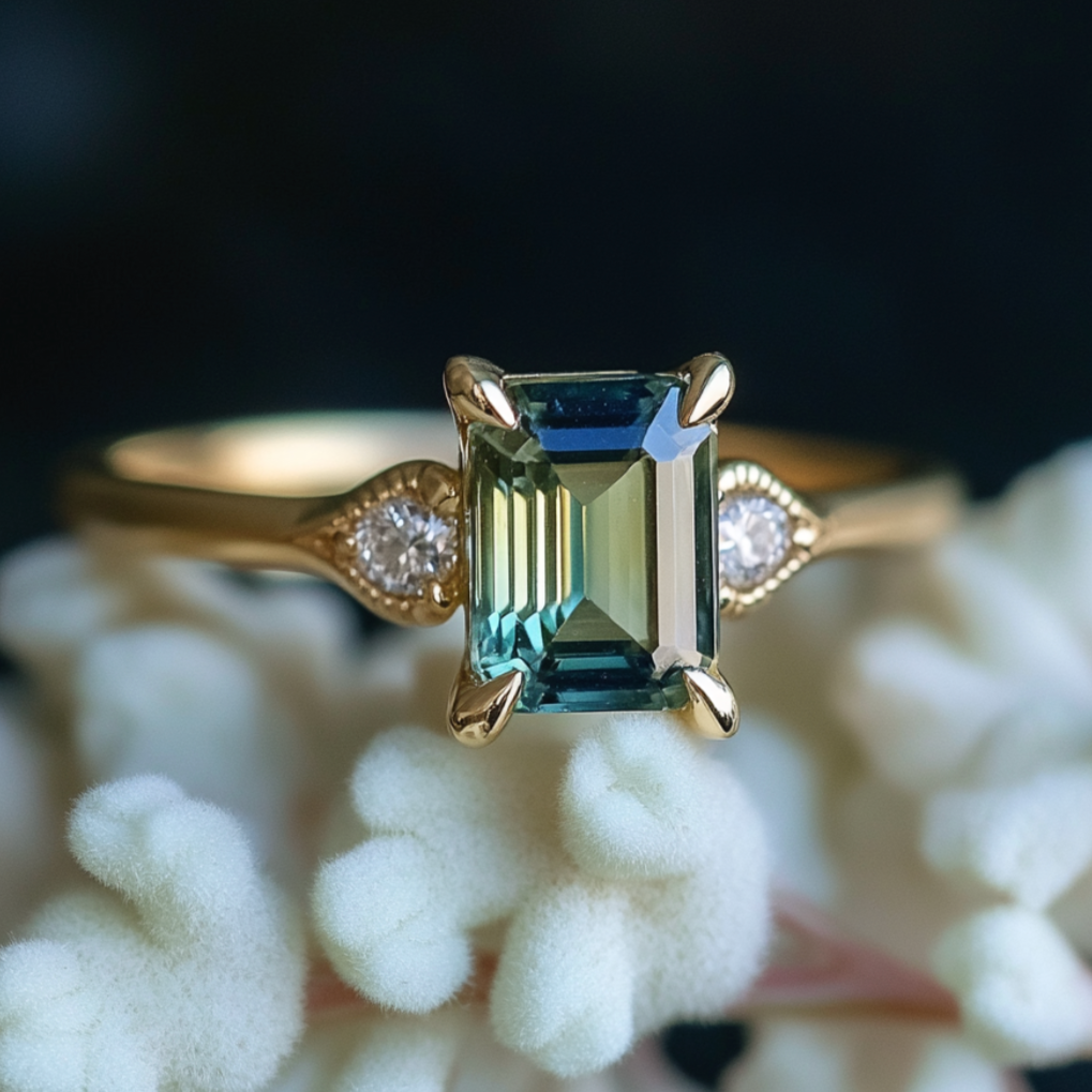 Green Tourmaline Engagement Ring with pear Moissanite