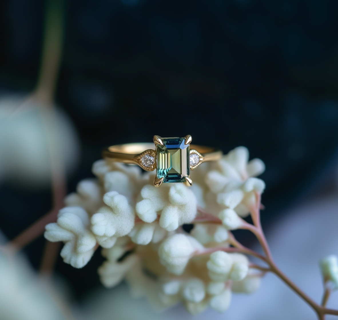 Green Tourmaline Engagement Ring with pear Moissanite