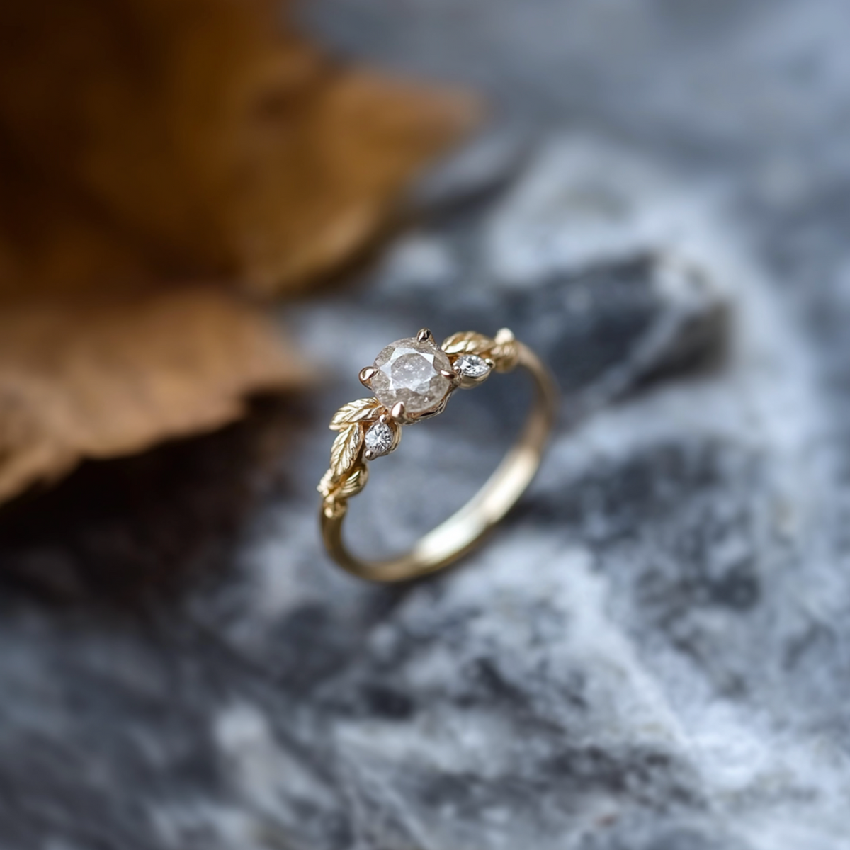 Nature inspired salt and pepper diamond ring with moissanite accents