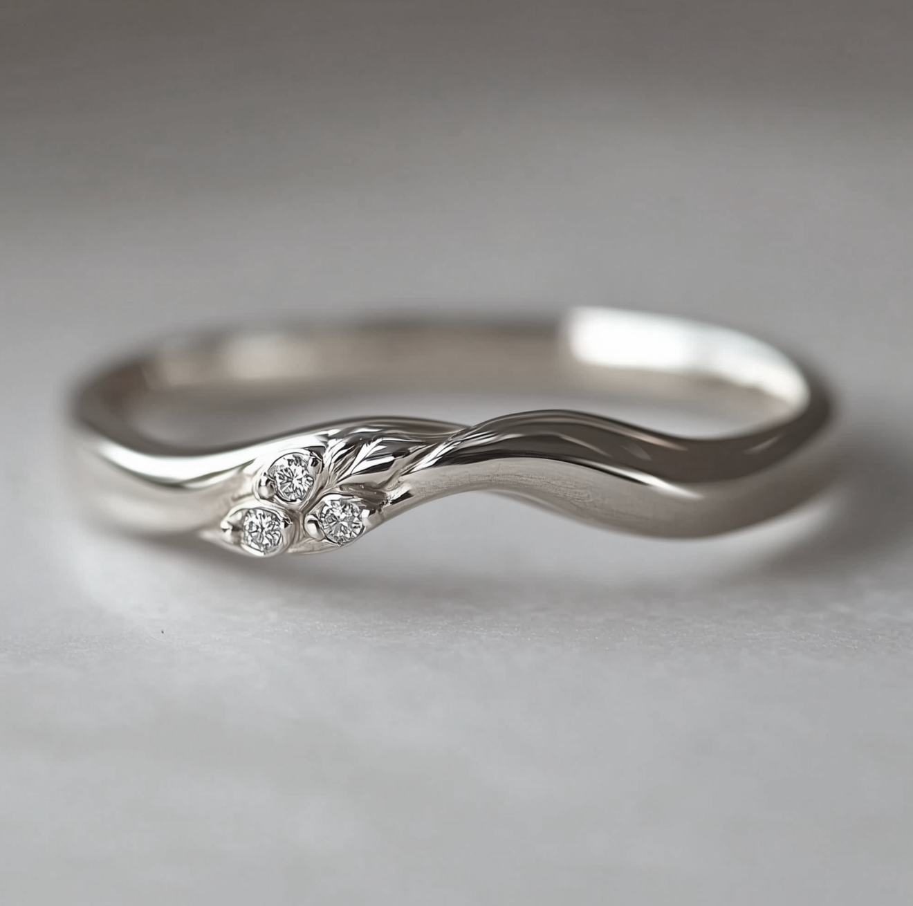 Trinity 14k Gold Diamond Wedding Ring, Curved Wedding matching band