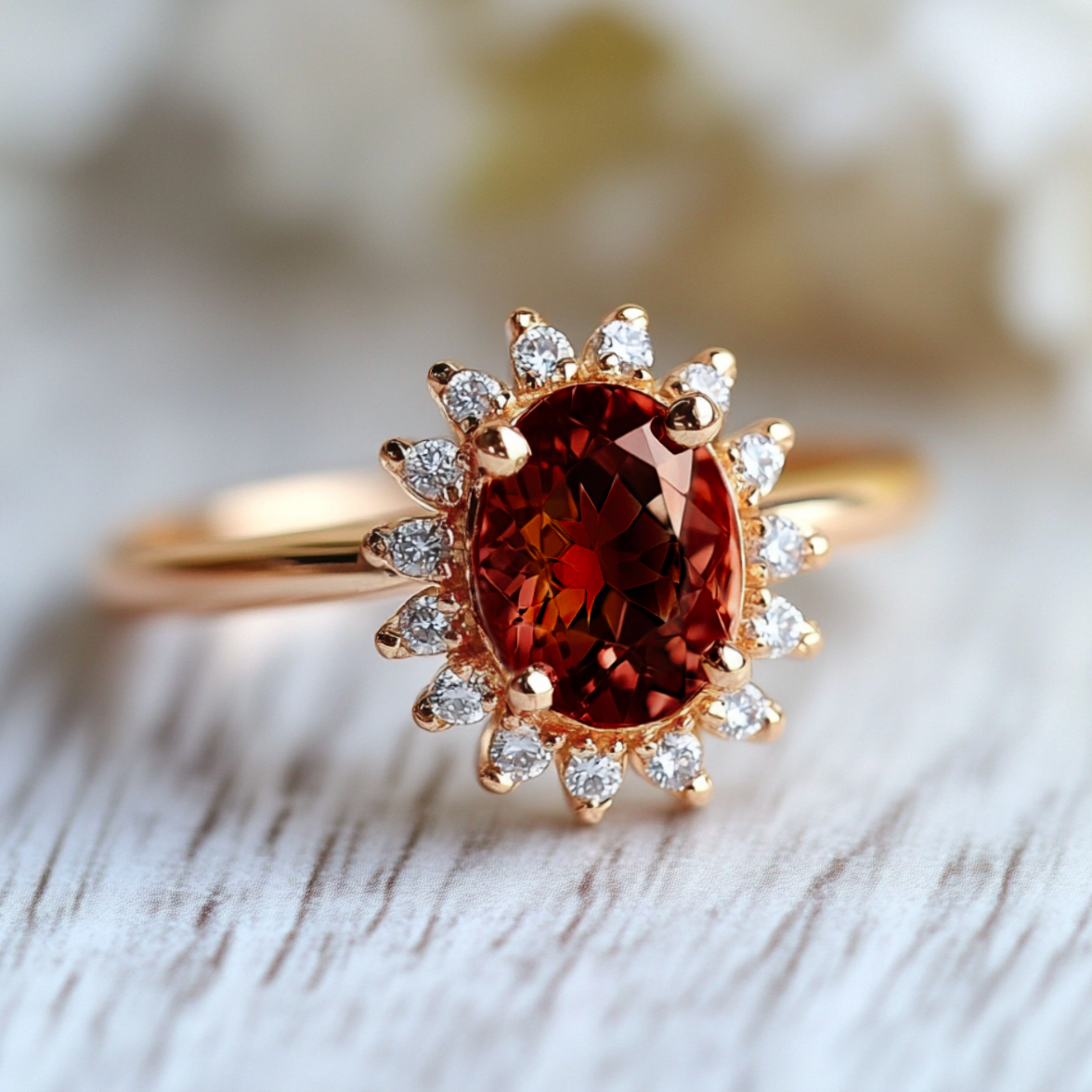 Flaming Dahlia Garnet Ring, Red Garnet engagement ring