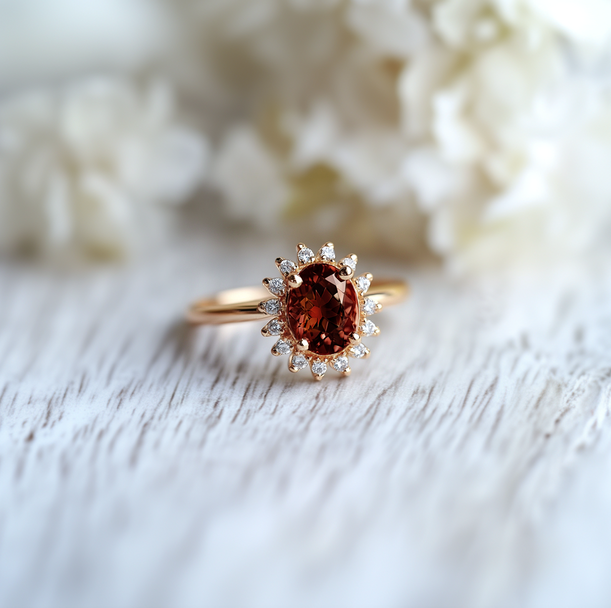 Flaming Dahlia Garnet Ring, Red Garnet engagement ring