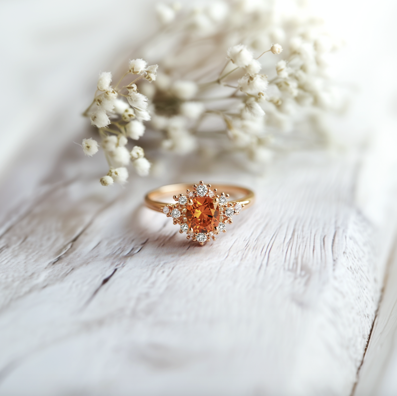 Eve's Garden Orange Garnet Engagement Ring, Morning Dew Daisy Garnet Ring