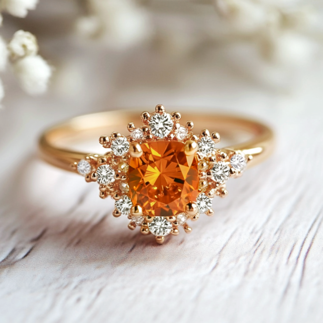 Eve's Garden Orange Garnet Engagement Ring, Morning Dew Daisy Garnet Ring
