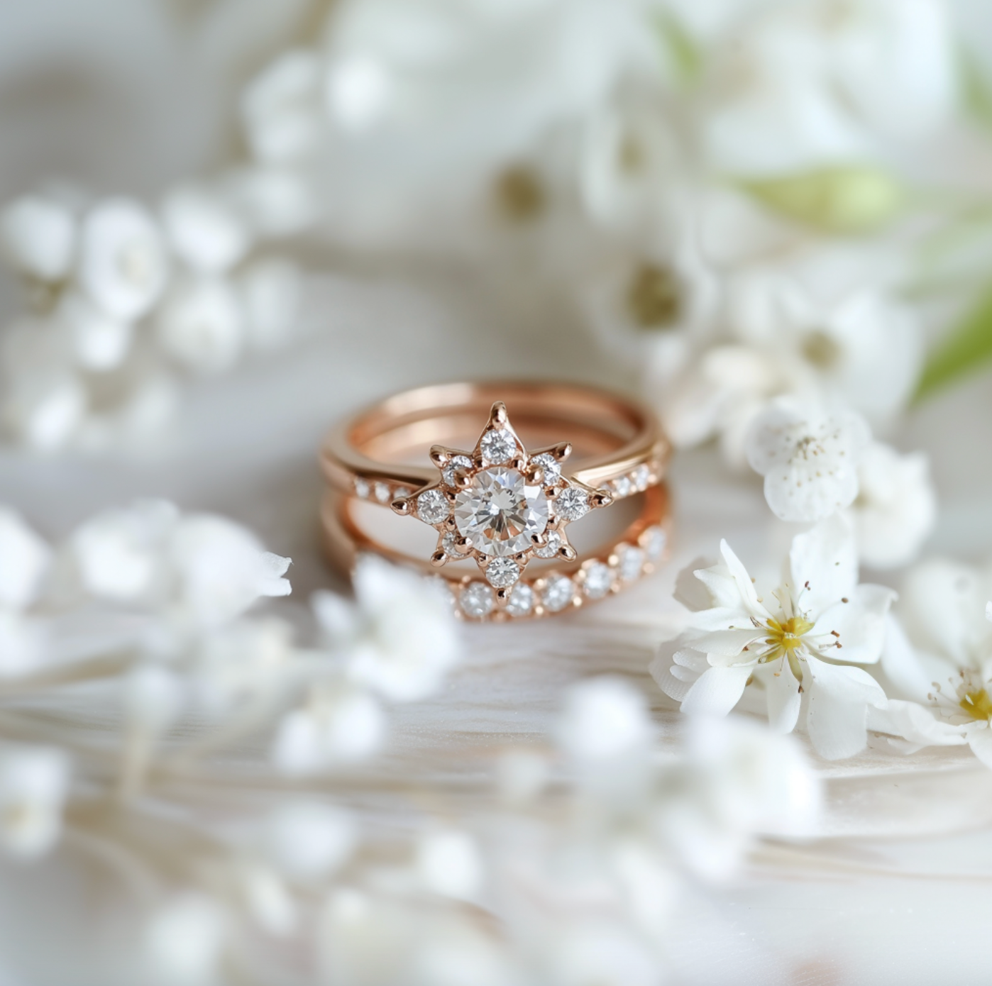 Astra Ring, 14k Diamond Wedding Rings, Wedding band set of two rings