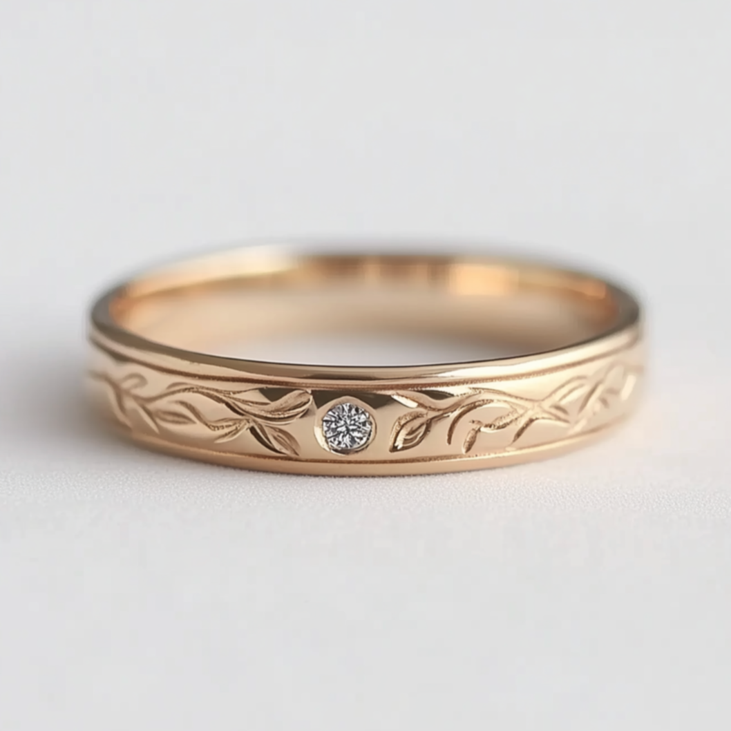 14k Gold Wedding Band, Diamond Engraved Band For Men and Women, Wide Wedding Ring