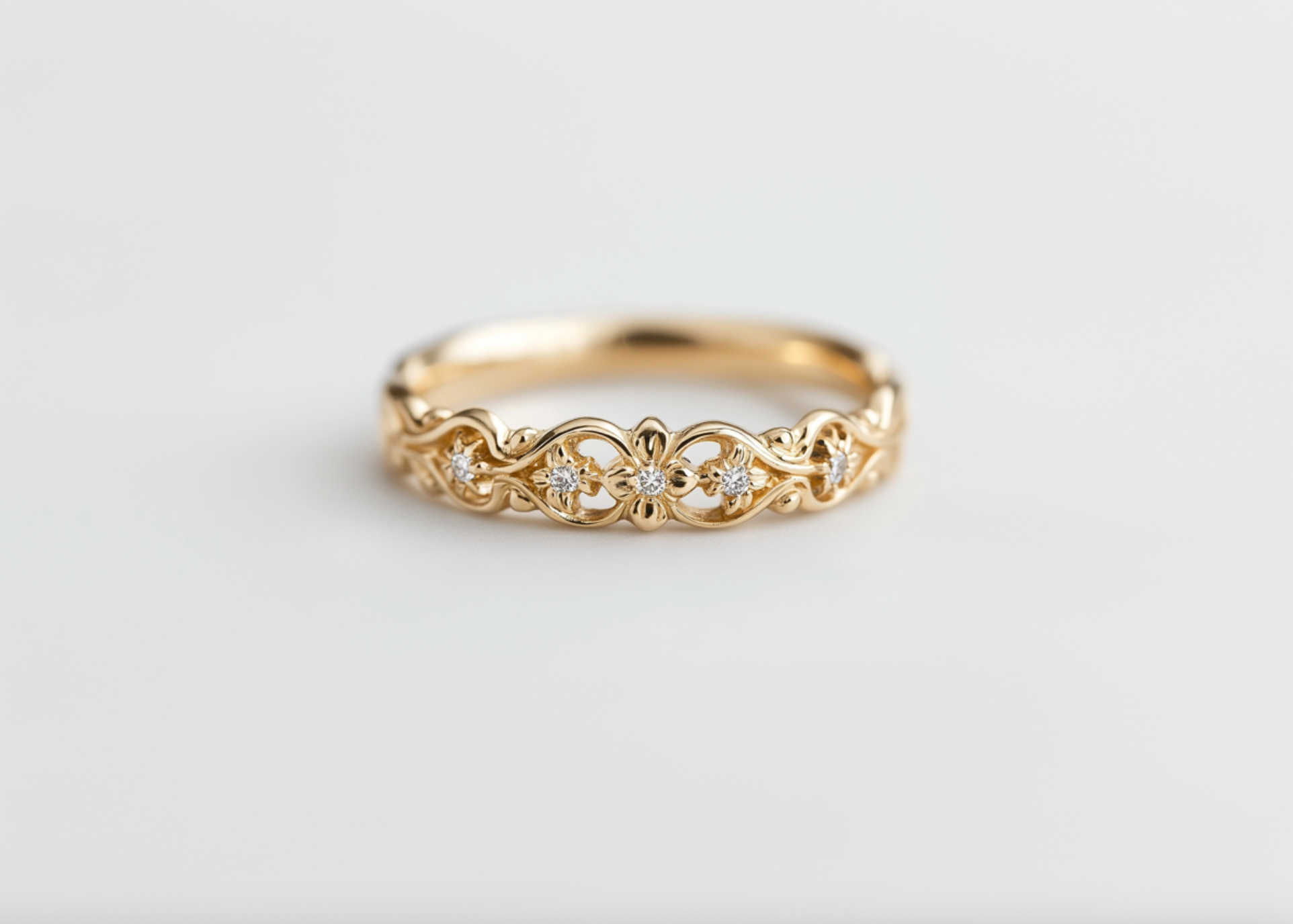 Diamond Dainty Gold Wedding Ring, Leafy Wedding band