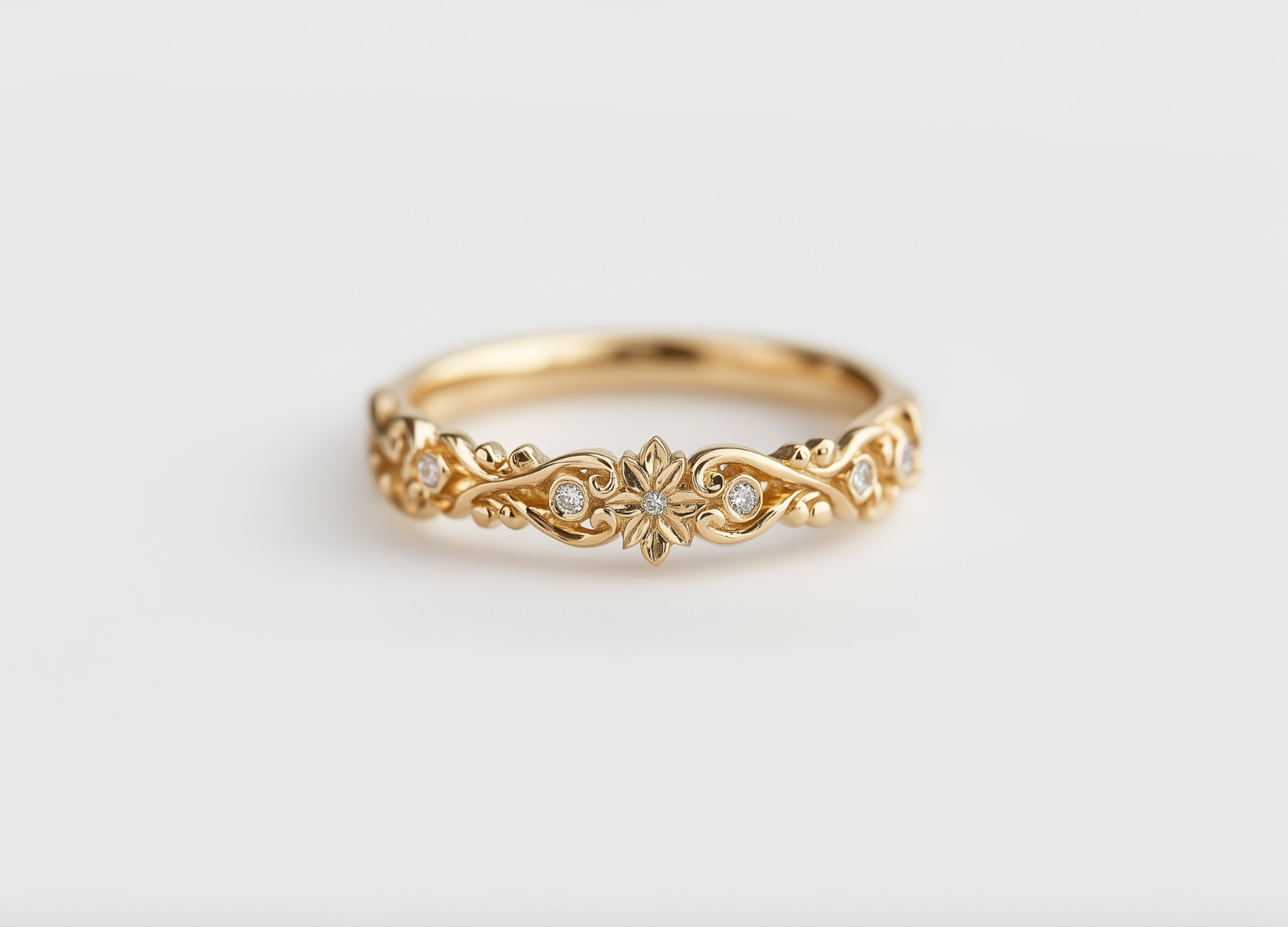 Moissanite 14k Gold Dainty Gold Wedding Ring, Floral Wedding band
