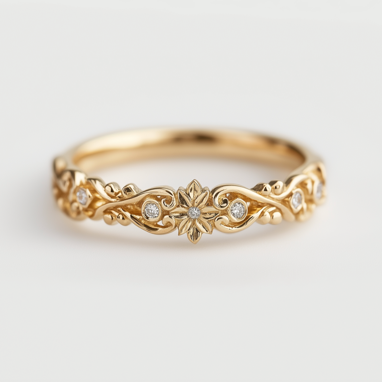 Moissanite 14k Gold Dainty Gold Wedding Ring, Floral Wedding band