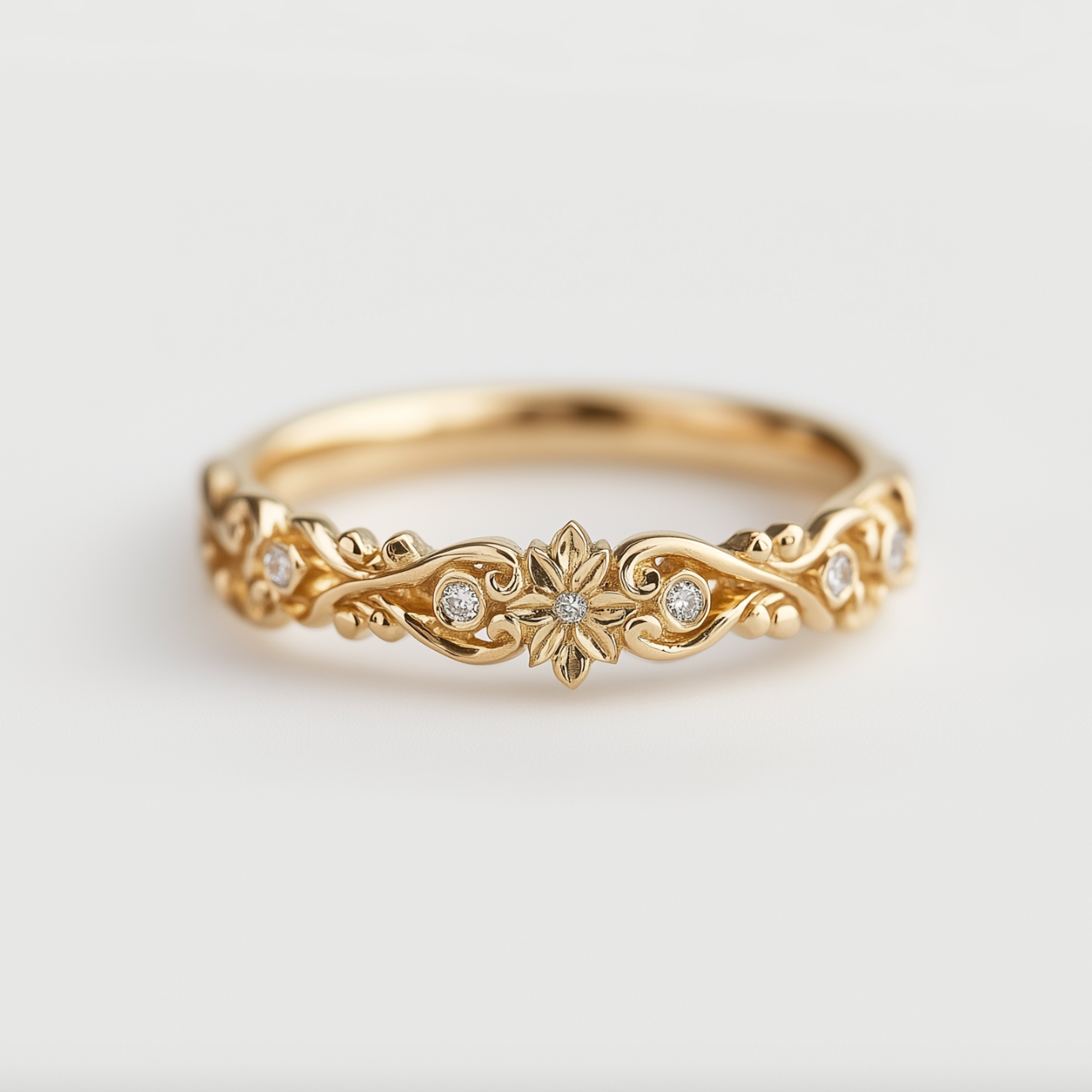 Moissanite 14k Gold Dainty Gold Wedding Ring, Floral Wedding band