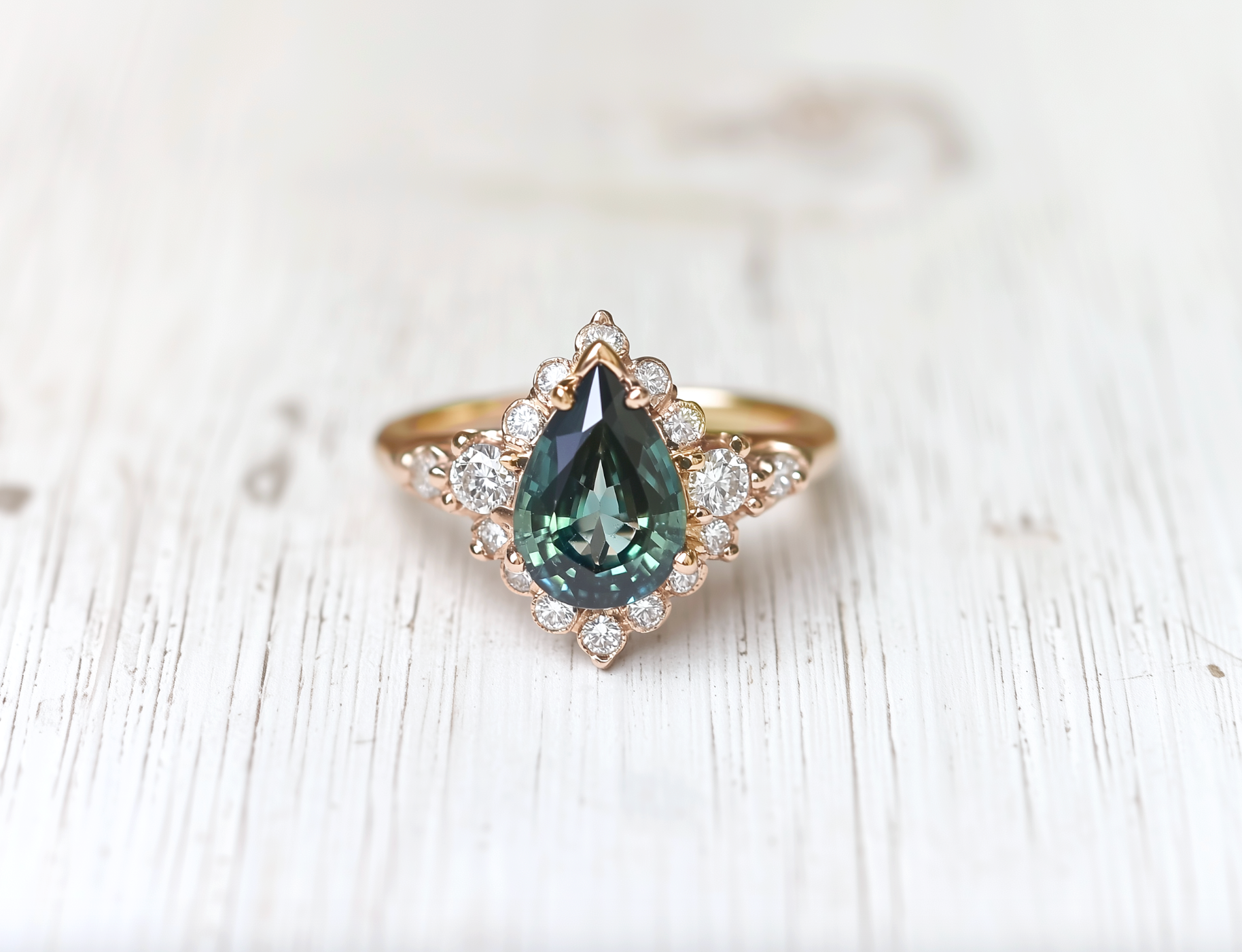 14k Teal Sapphire Engagement ring, Rare Blue Green Sapphire Engagement ring