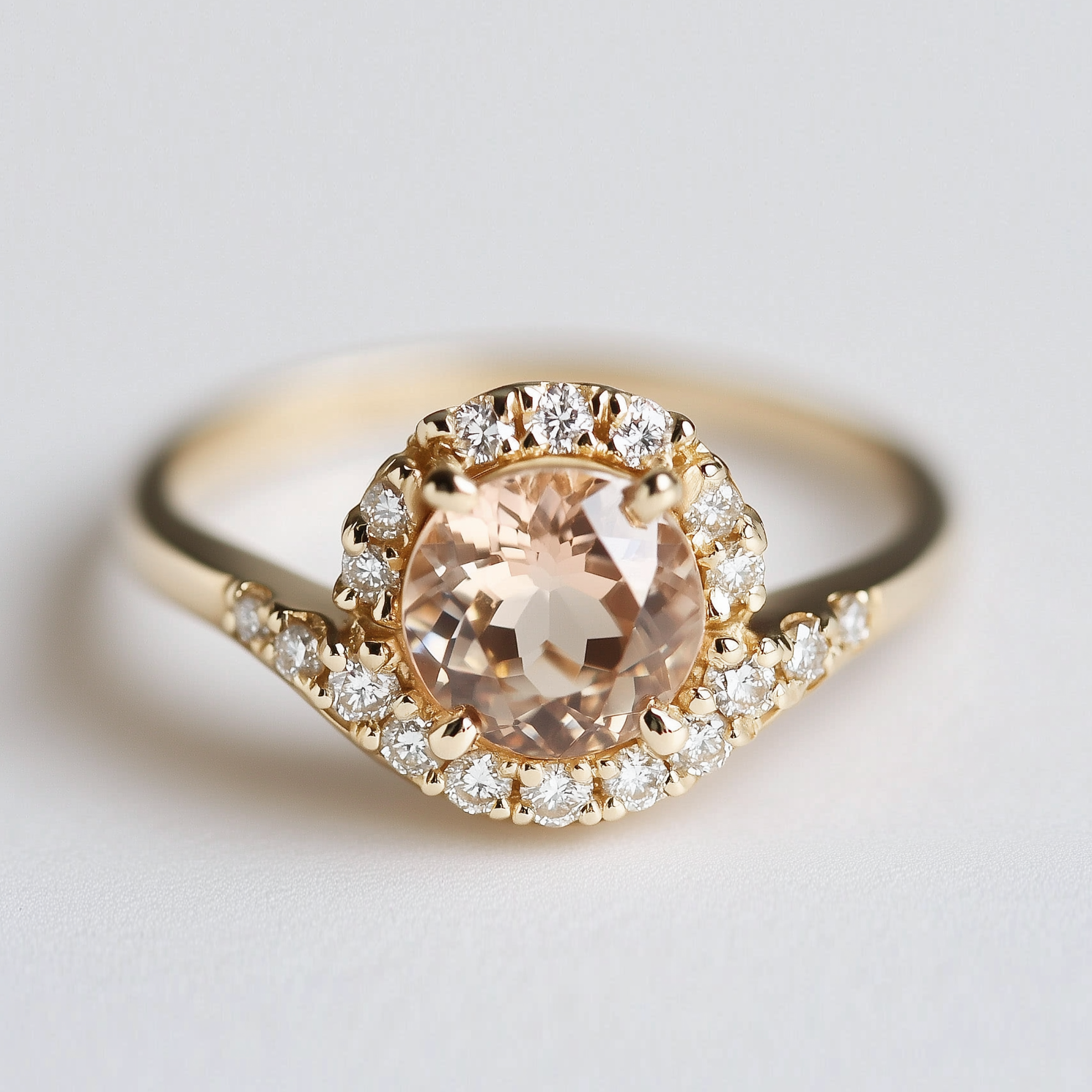 Morning Dew Champagne Moissanite Engagement Ring, Halo Moissanite Engagement Band