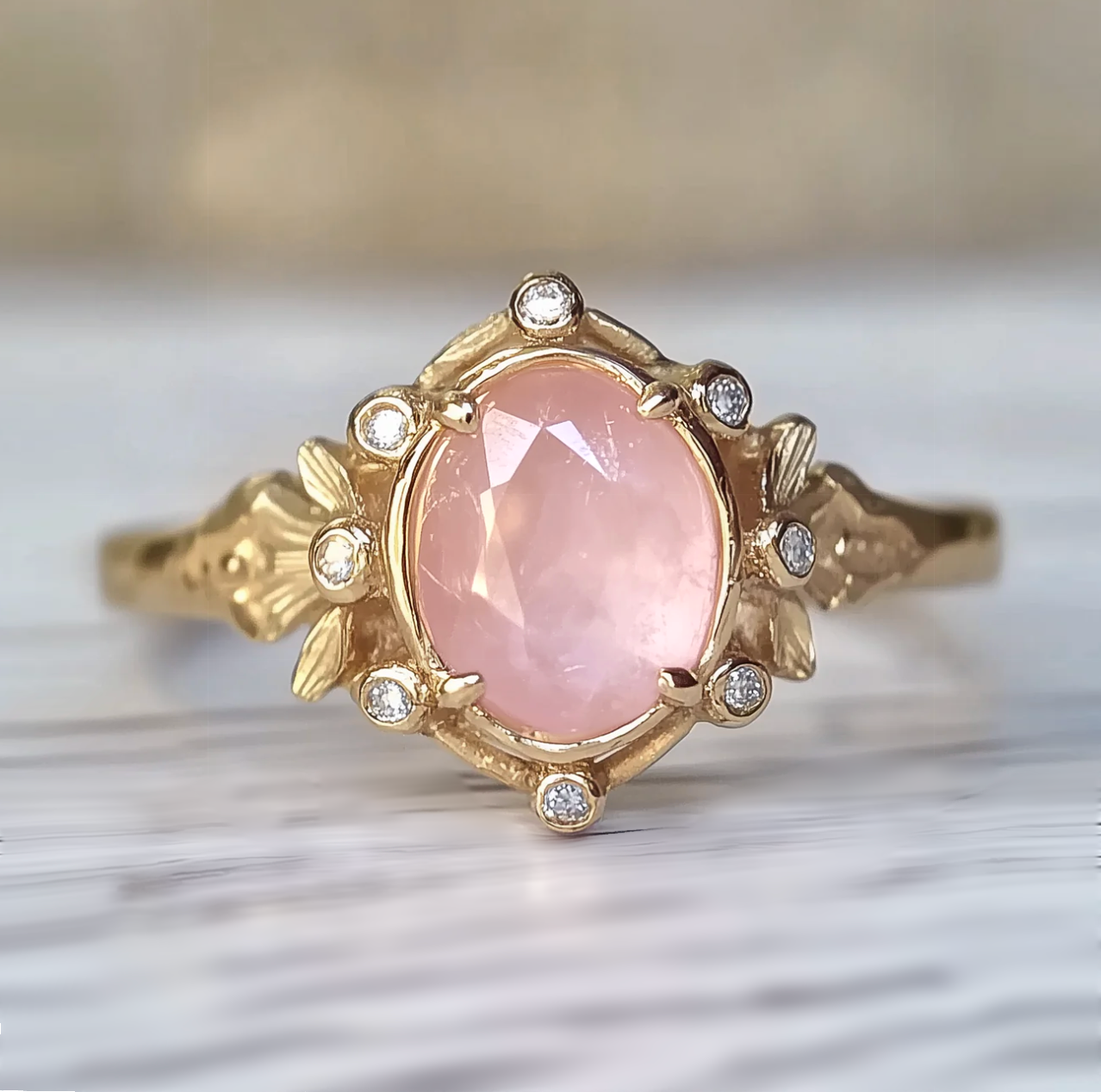 14k Rose Quartz Engagement Ring, Pink Rose Quartz Engagement ring