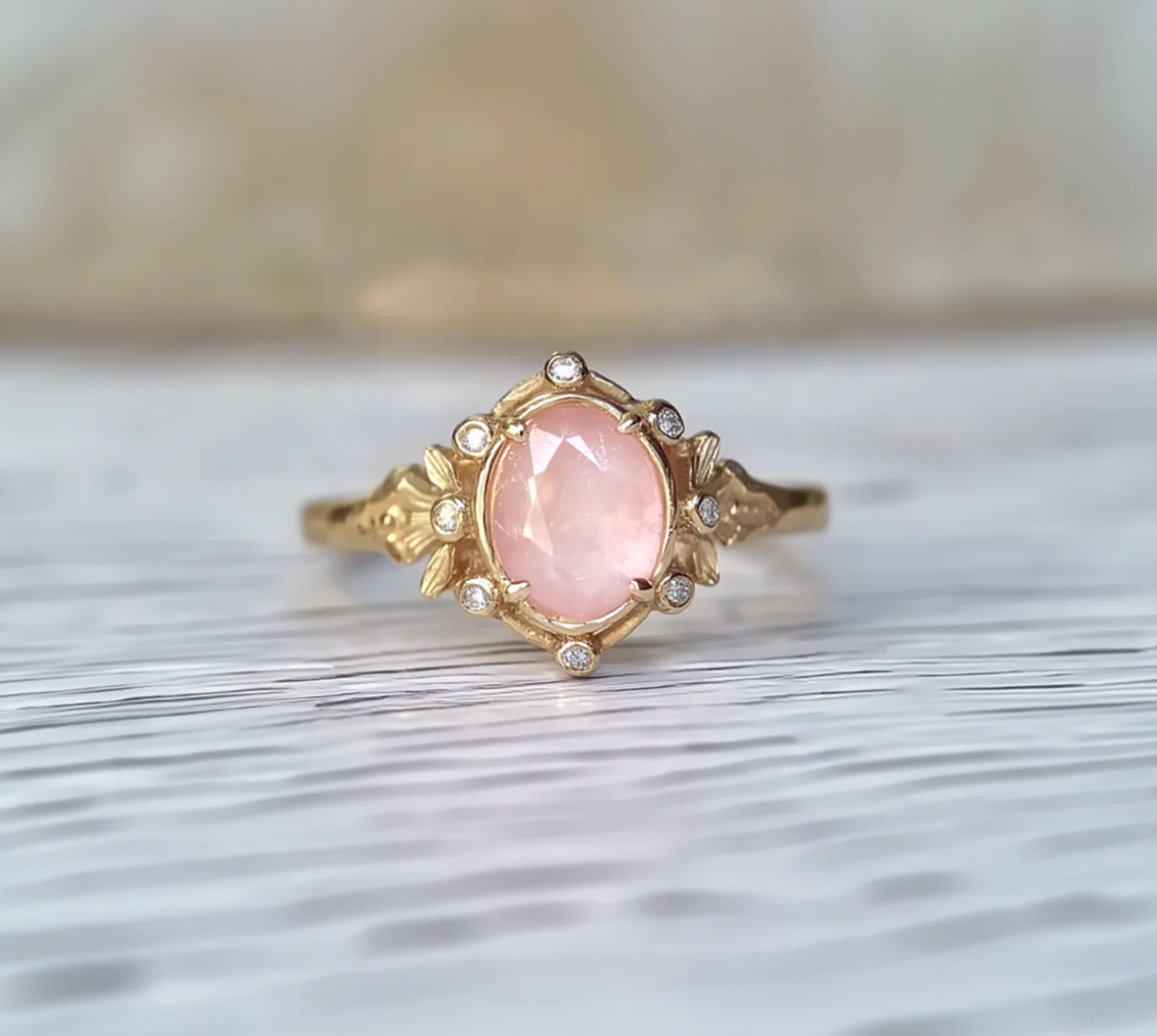 14k Rose Quartz Engagement Ring, Pink Rose Quartz Engagement ring