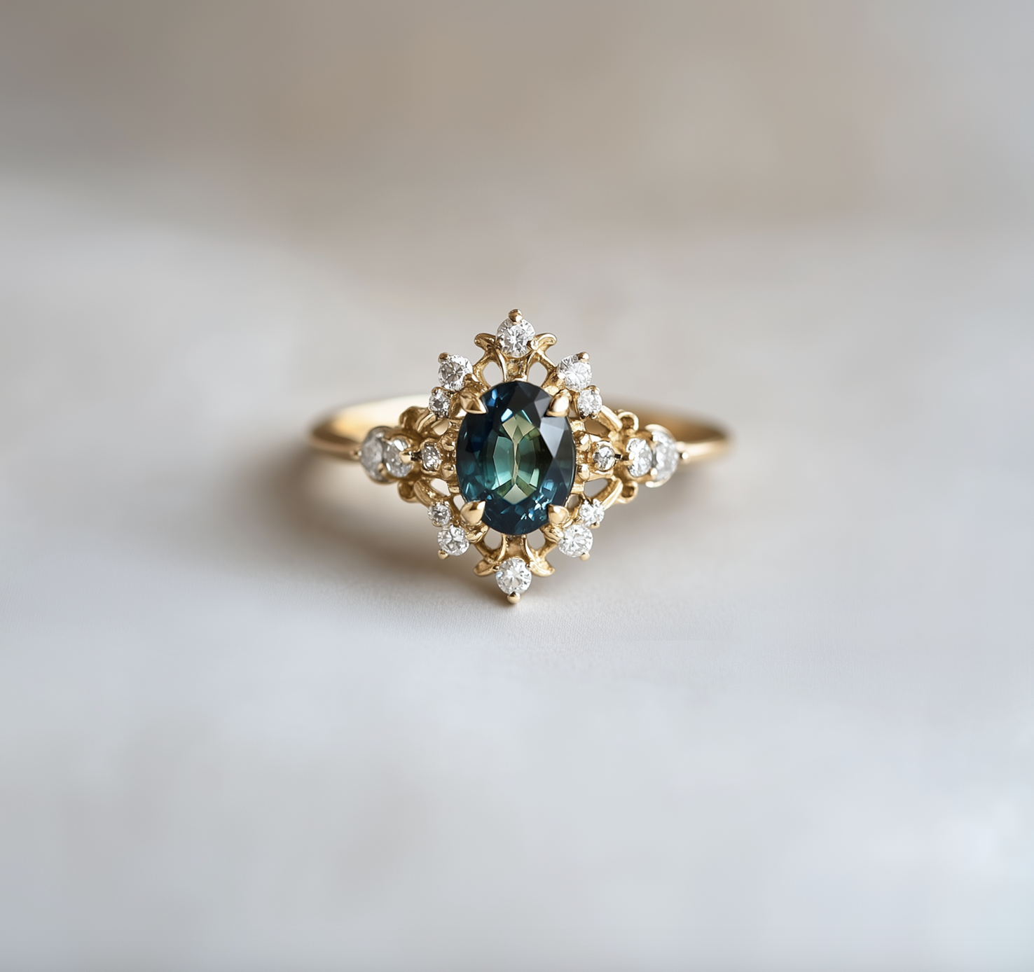Isis’ Crown Teal Sapphire ring, Rare Green Blue Sapphire Engagement ring