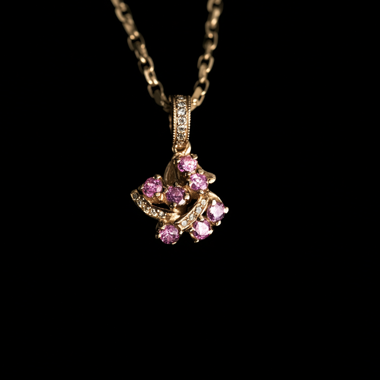 Bloomlight Cluster Sapphire Necklace, 14k Diamond pink sapphire pendant