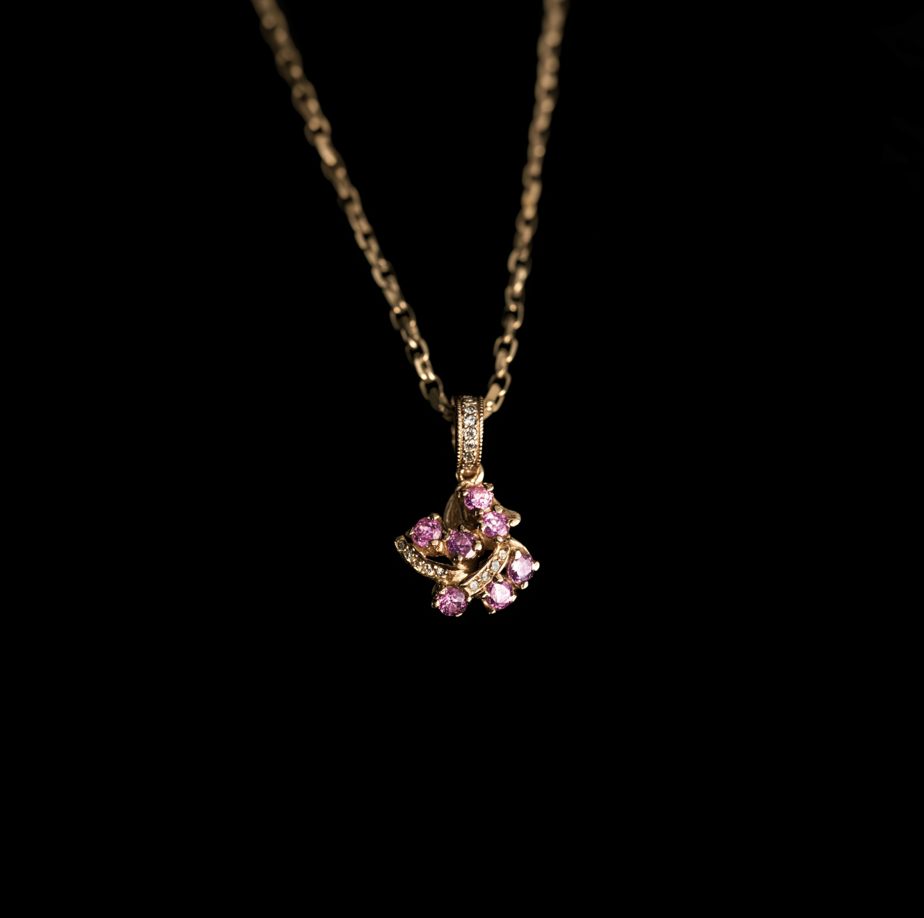 Bloomlight Cluster Sapphire Necklace, 14k Diamond pink sapphire pendant